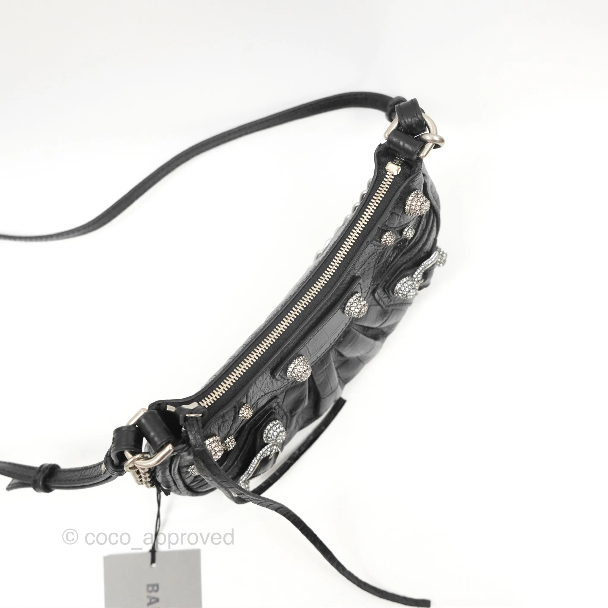 Balenciaga Le Cagole Mini Bag With Chain Black Crocodile Embossed Calfskin Aged Silver Hardware