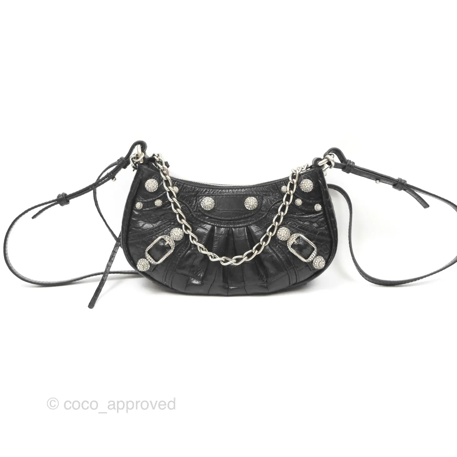 Balenciaga Le Cagole Mini Bag With Chain Black Crocodile Embossed Calfskin Aged Silver Hardware