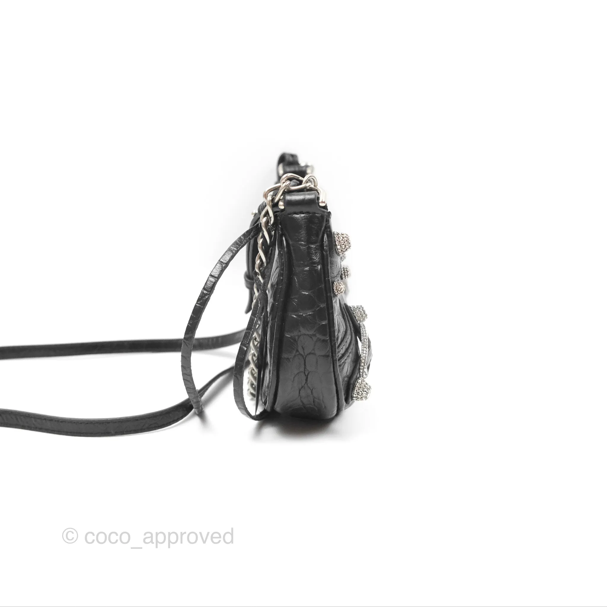 Balenciaga Le Cagole Mini Bag With Chain Black Crocodile Embossed Calfskin Aged Silver Hardware
