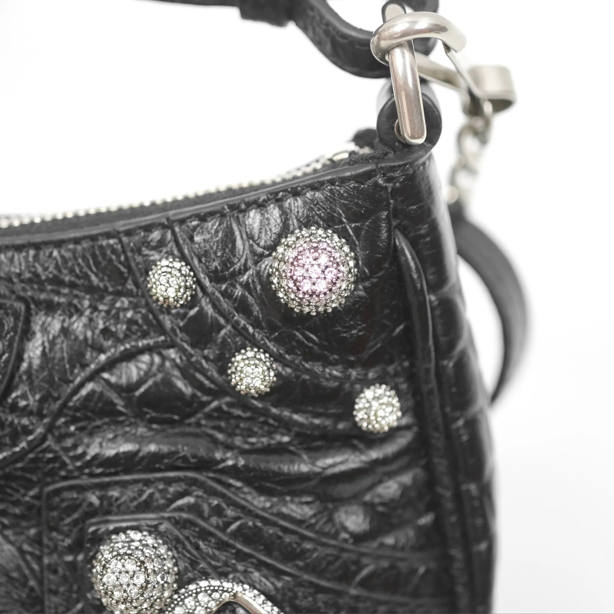 Balenciaga Le Cagole Mini Bag With Chain Black Crocodile Embossed Calfskin Aged Silver Hardware