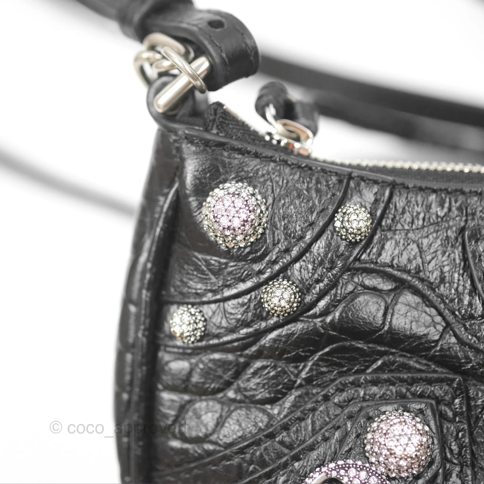 Balenciaga Le Cagole Mini Bag With Chain Black Crocodile Embossed Calfskin Aged Silver Hardware