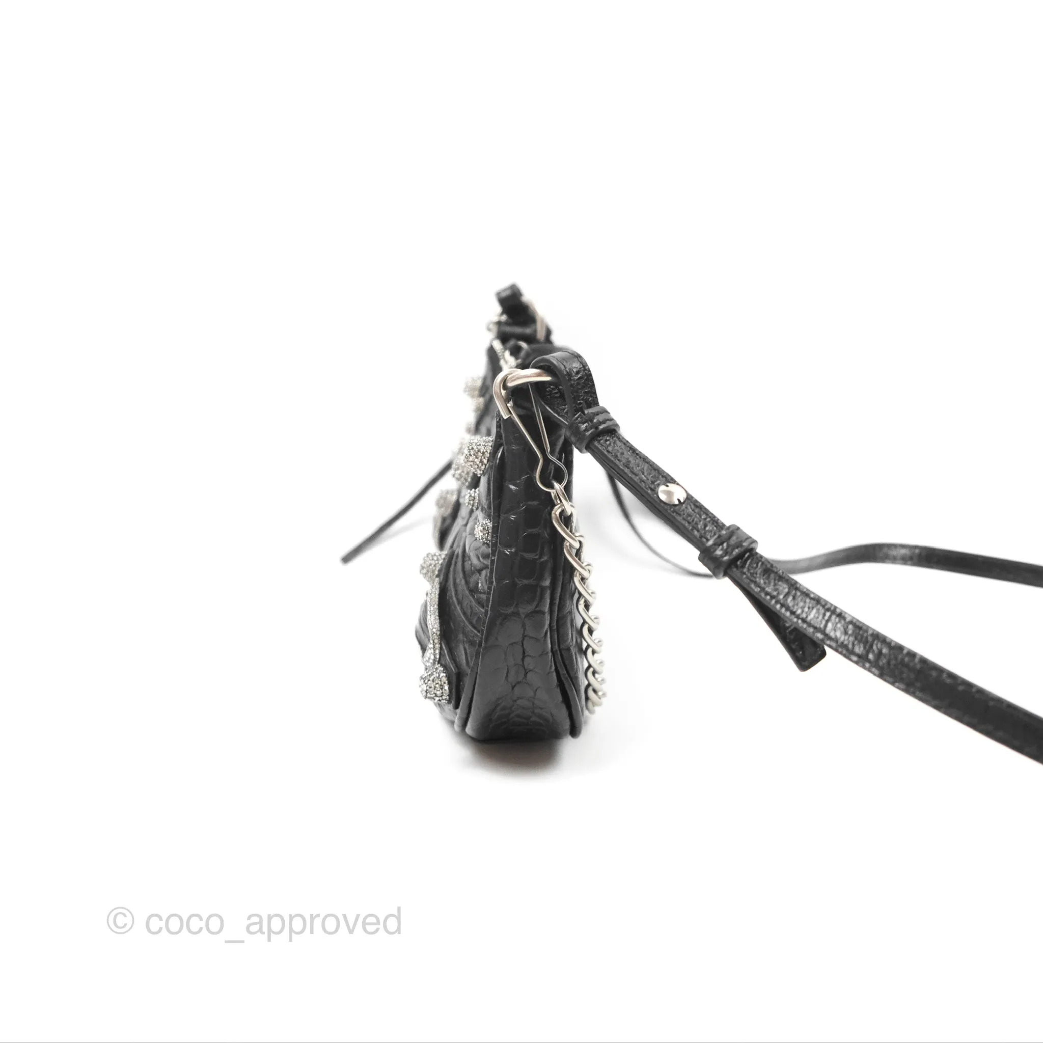 Balenciaga Le Cagole Mini Bag With Chain Black Crocodile Embossed Calfskin Aged Silver Hardware