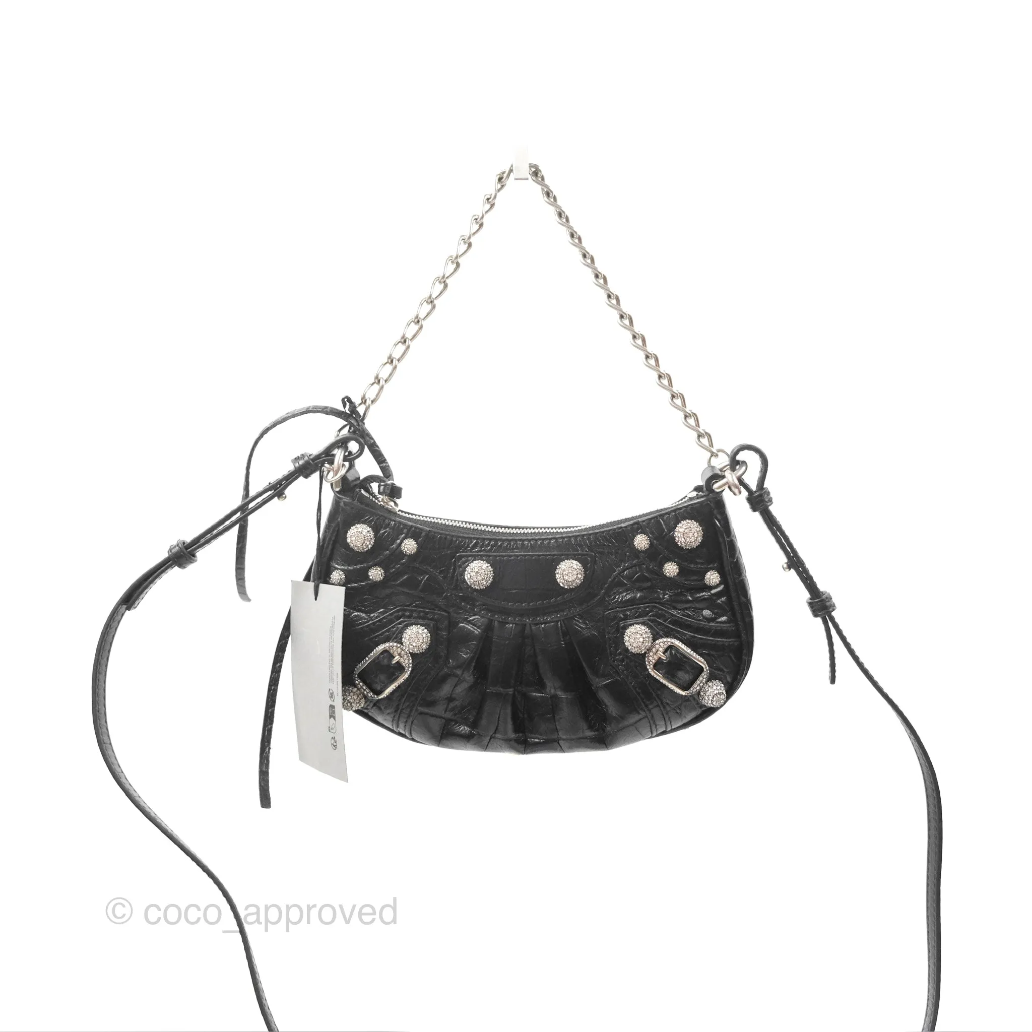 Balenciaga Le Cagole Mini Bag With Chain Black Crocodile Embossed Calfskin Aged Silver Hardware