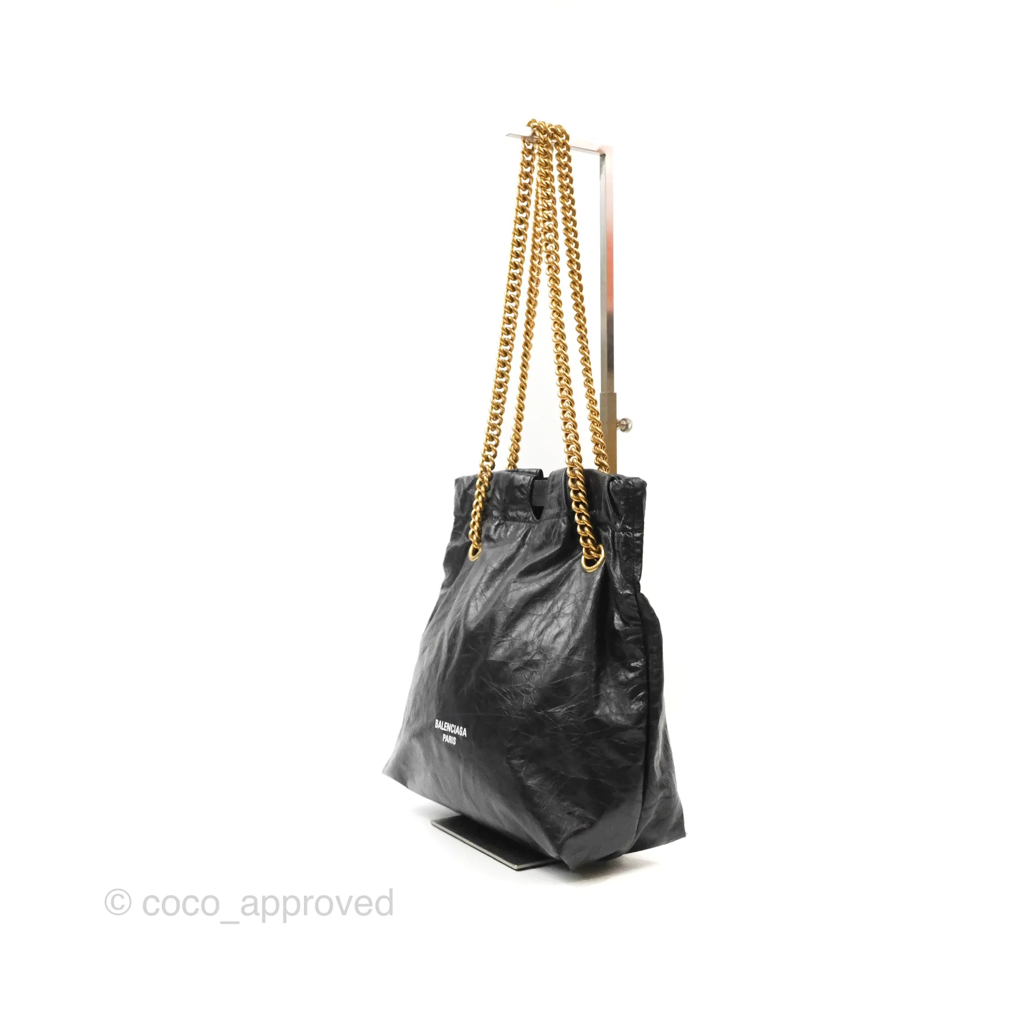 Balenciaga Small Crush Tote Bag Black Calfskin Aged Gold Hardware