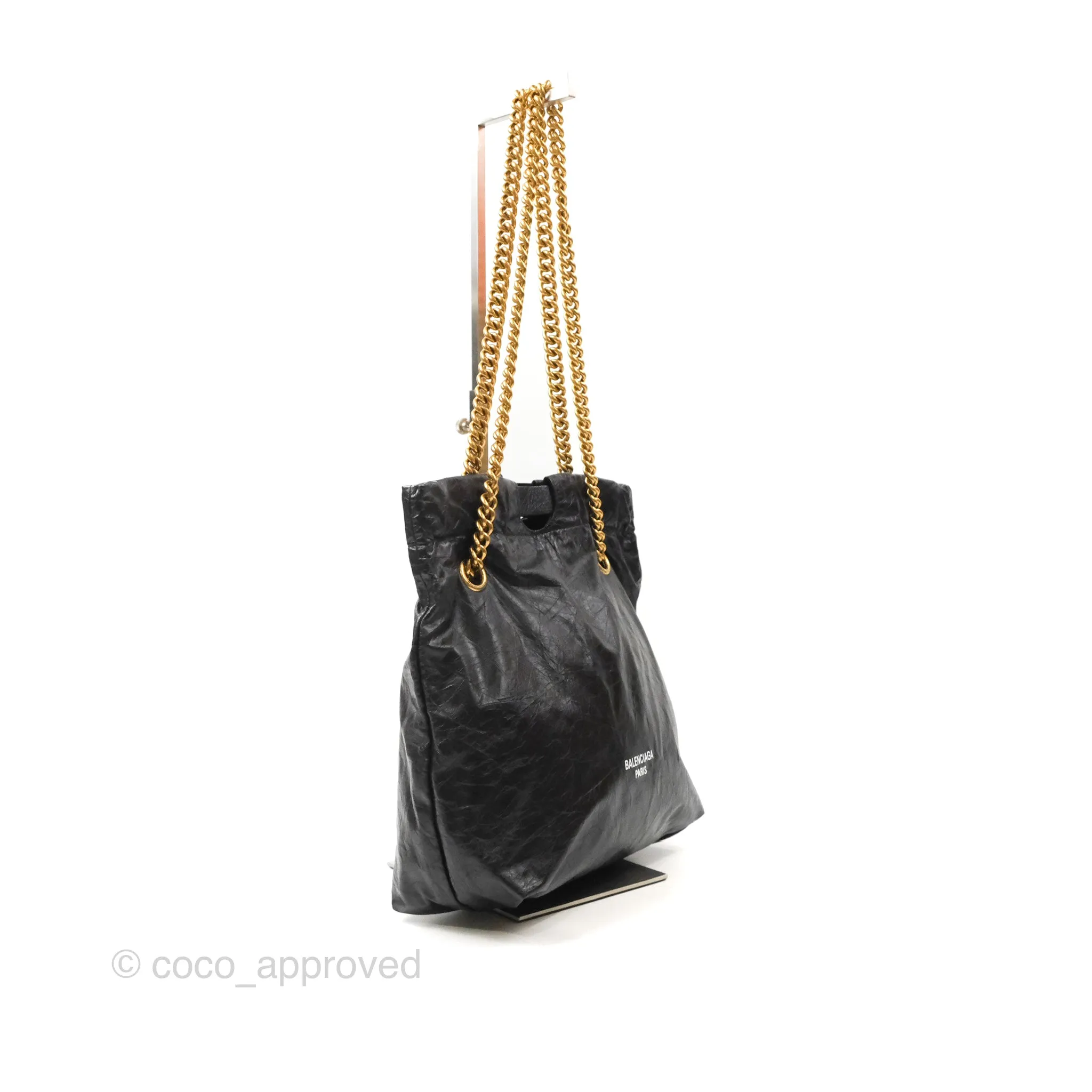 Balenciaga Small Crush Tote Bag Black Calfskin Aged Gold Hardware