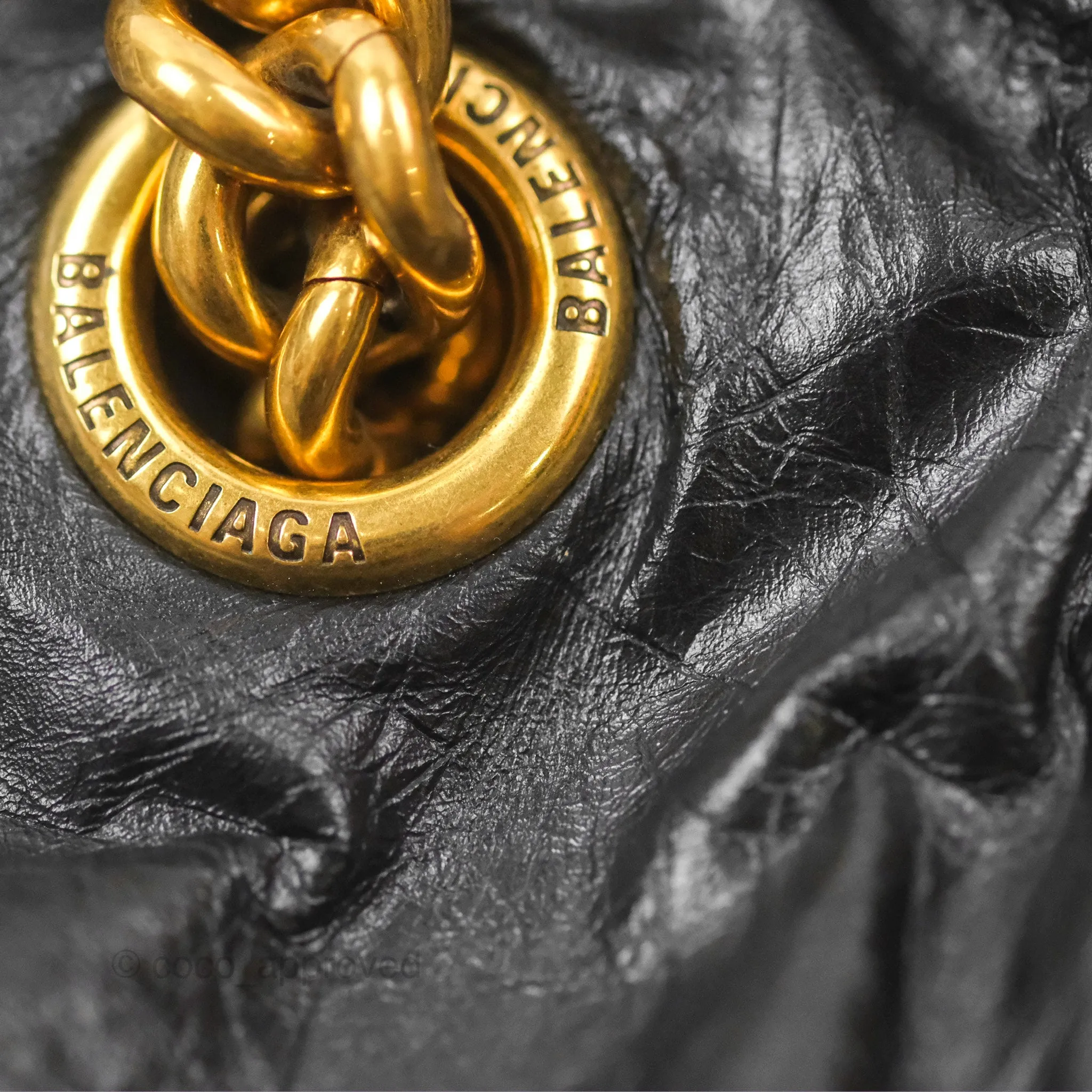 Balenciaga Small Crush Tote Bag Black Calfskin Aged Gold Hardware