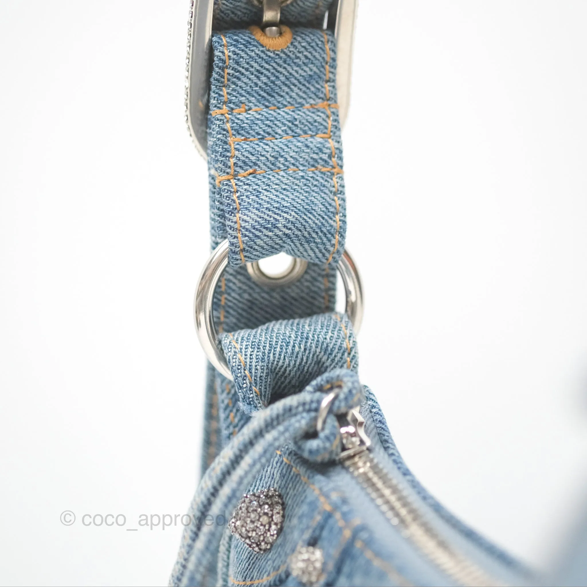 Balenciaga Small Le Cagole Shoulder Bag Blue Washed Denim with Rhinestones