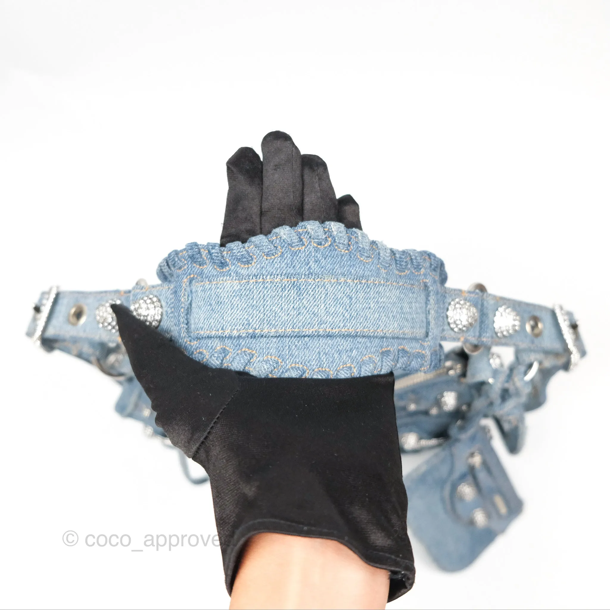 Balenciaga Small Le Cagole Shoulder Bag Blue Washed Denim with Rhinestones