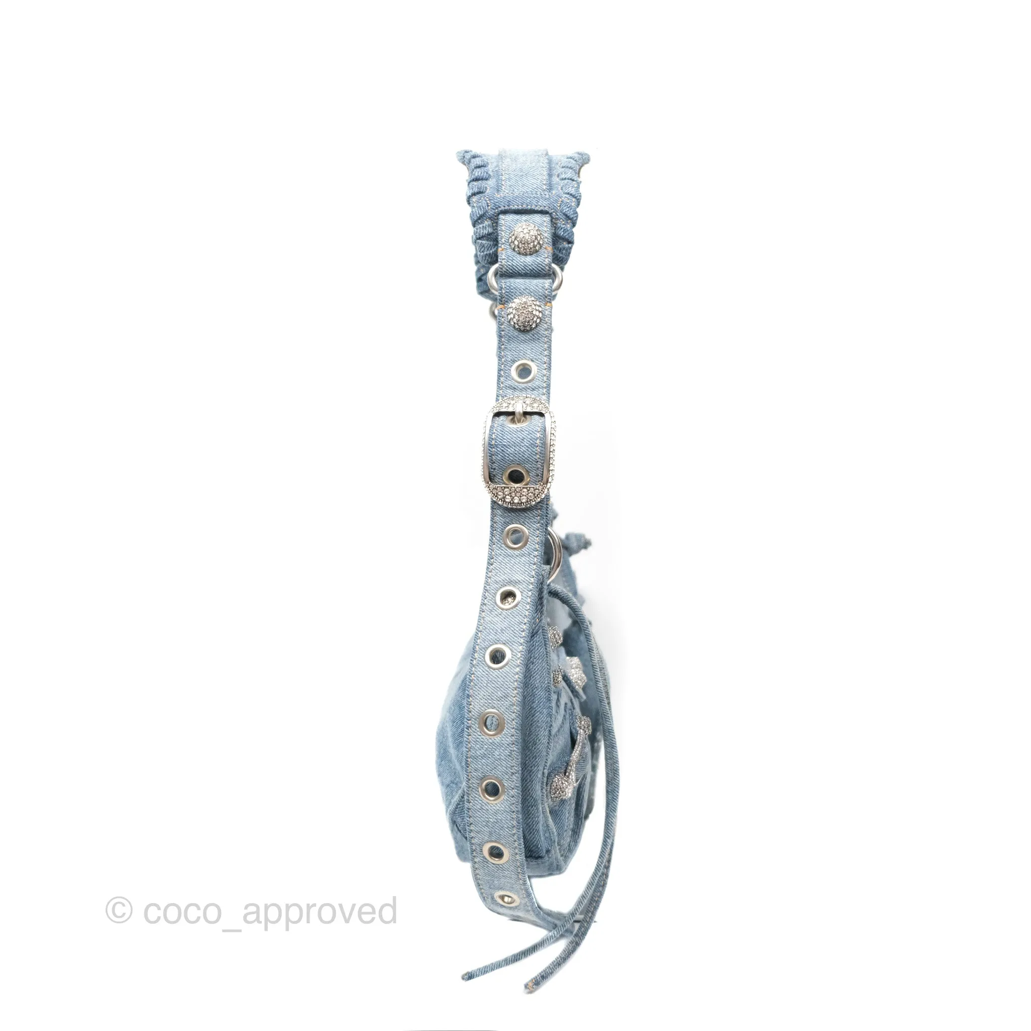 Balenciaga Small Le Cagole Shoulder Bag Blue Washed Denim with Rhinestones