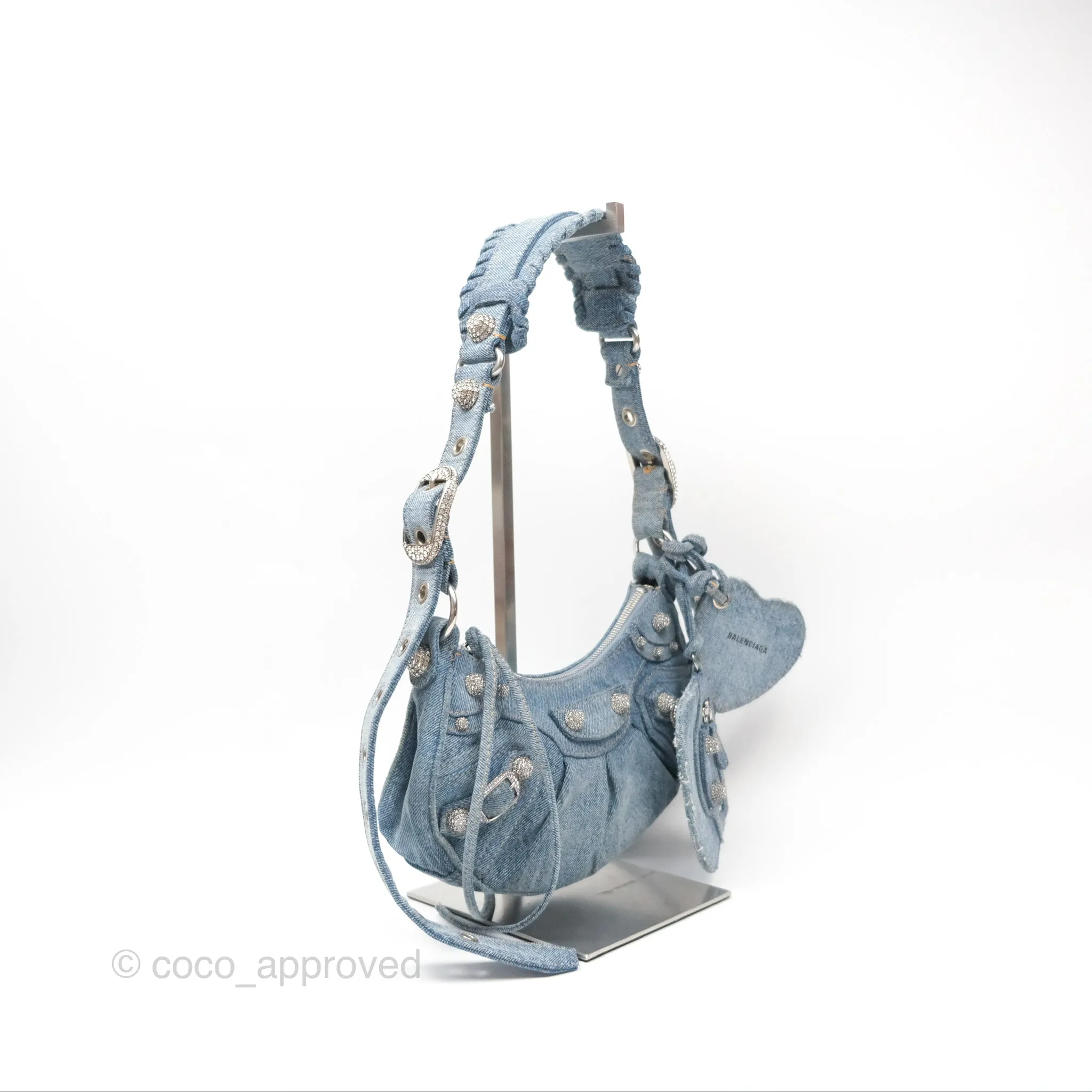 Balenciaga Small Le Cagole Shoulder Bag Blue Washed Denim with Rhinestones