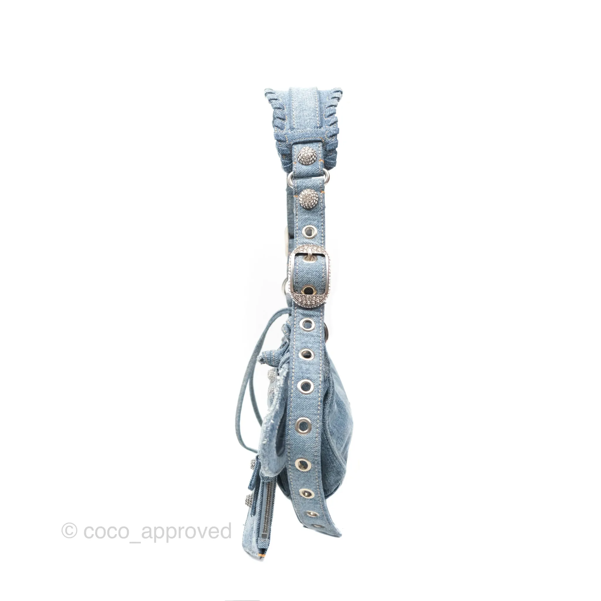 Balenciaga Small Le Cagole Shoulder Bag Blue Washed Denim with Rhinestones