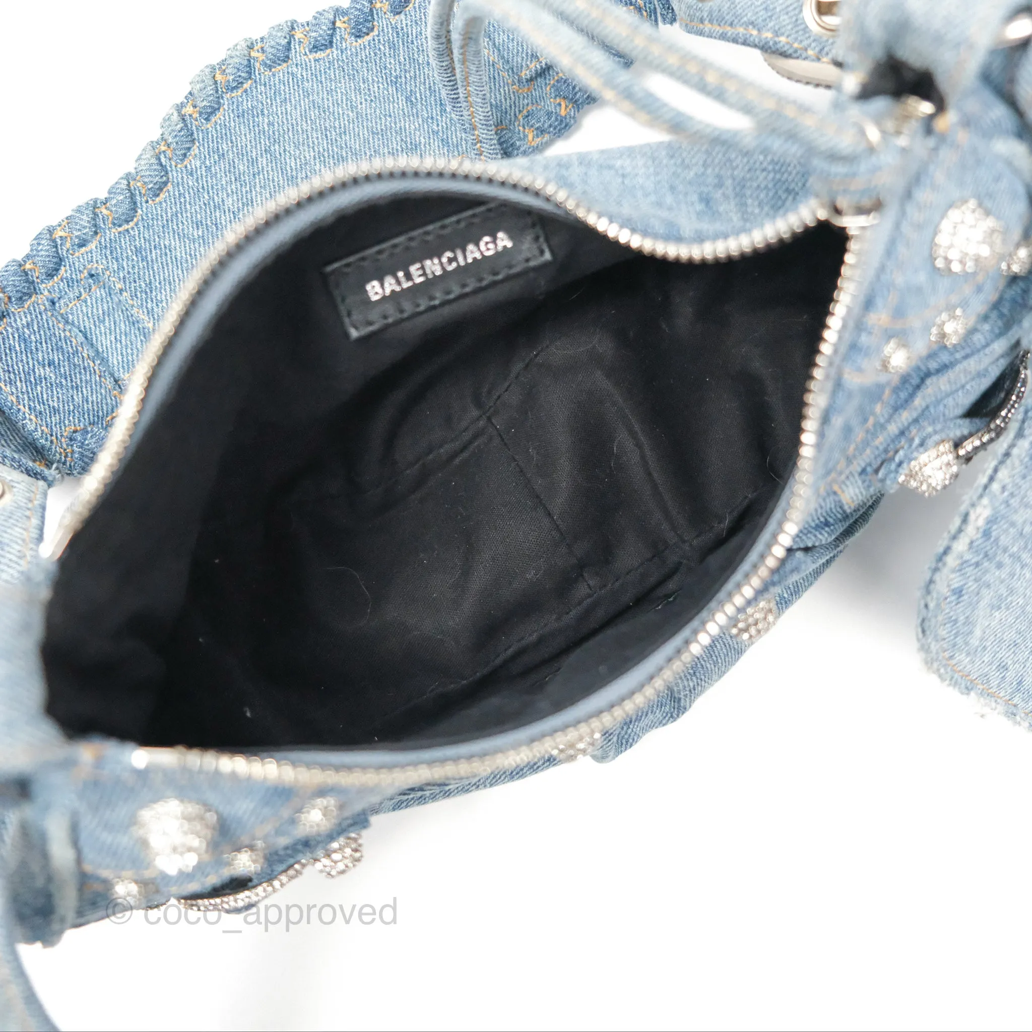 Balenciaga Small Le Cagole Shoulder Bag Blue Washed Denim with Rhinestones