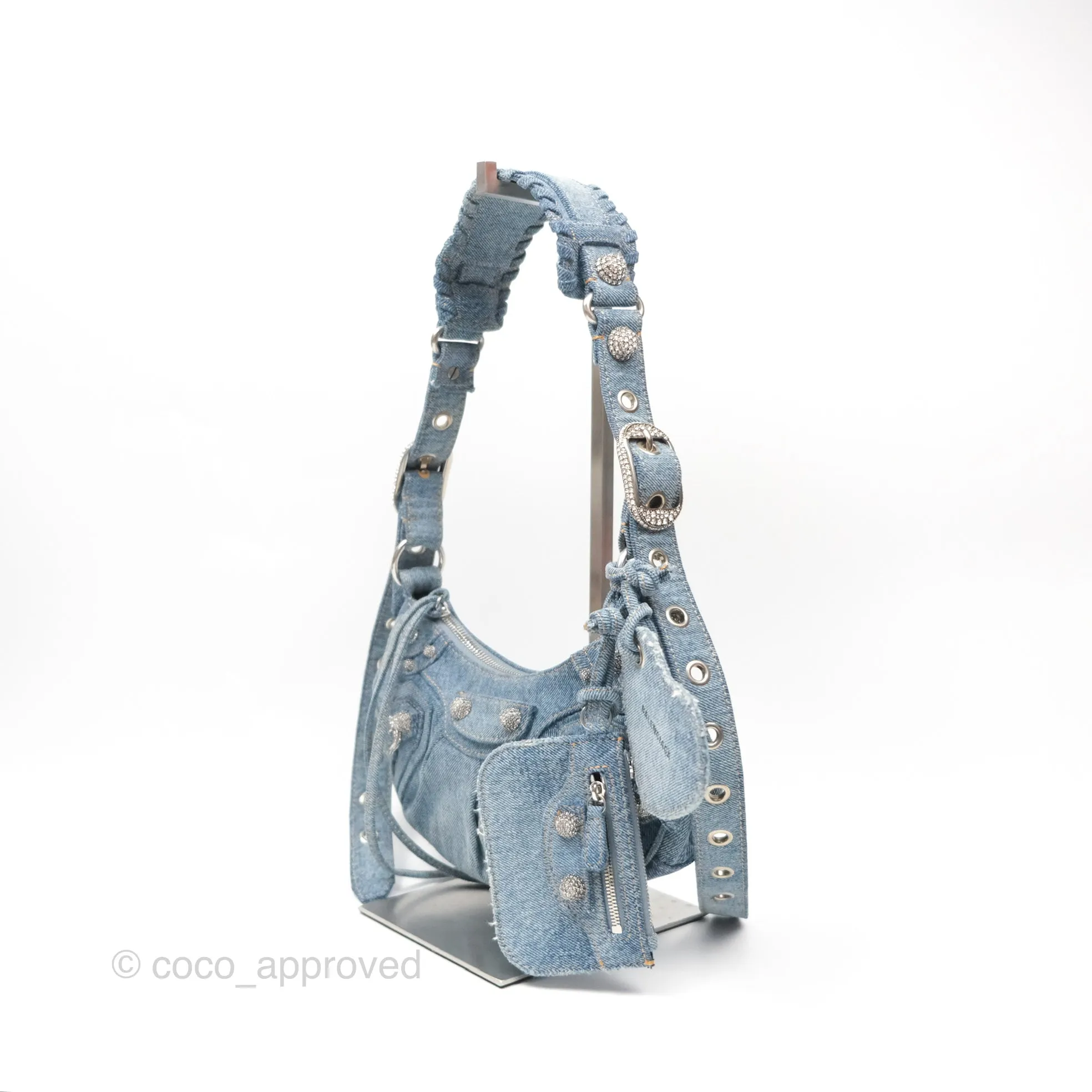 Balenciaga Small Le Cagole Shoulder Bag Blue Washed Denim with Rhinestones