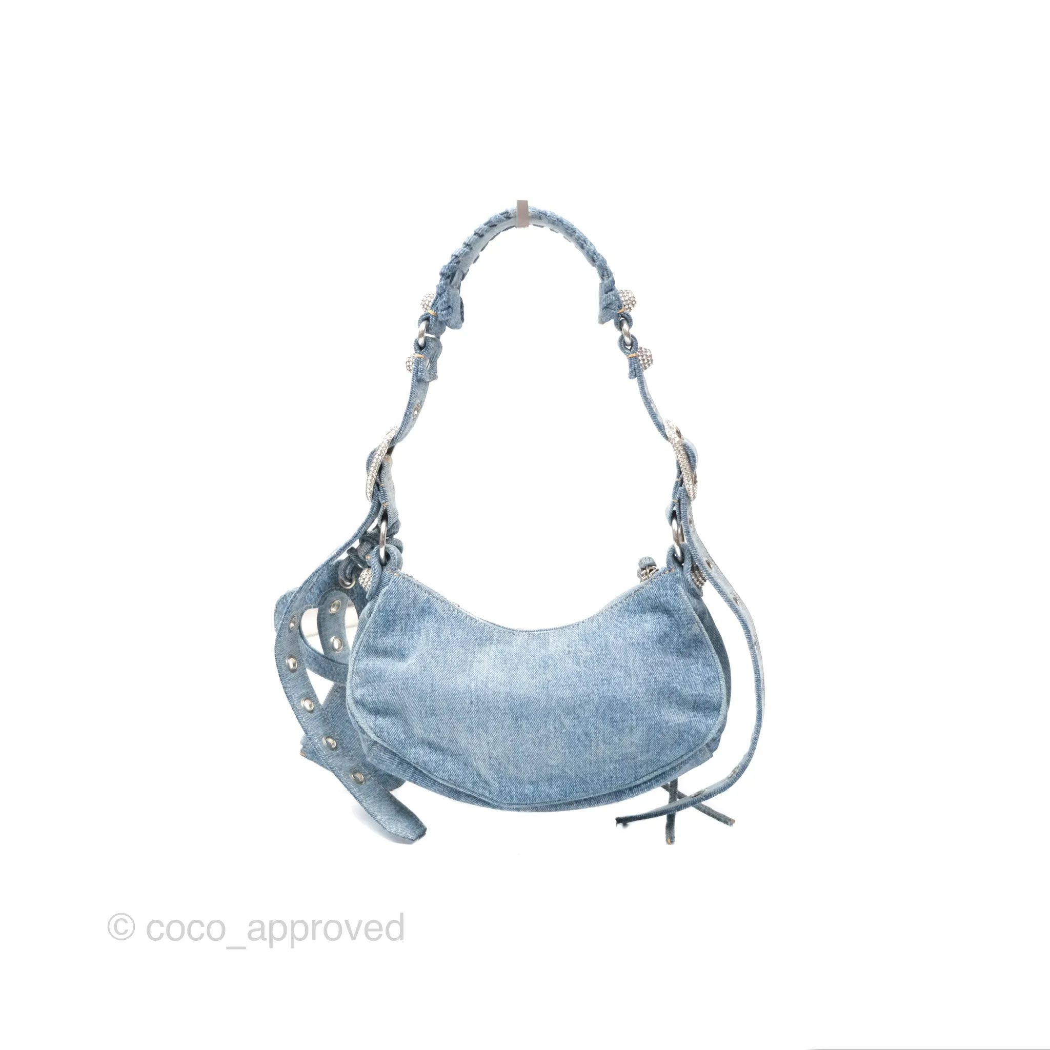 Balenciaga Small Le Cagole Shoulder Bag Blue Washed Denim with Rhinestones