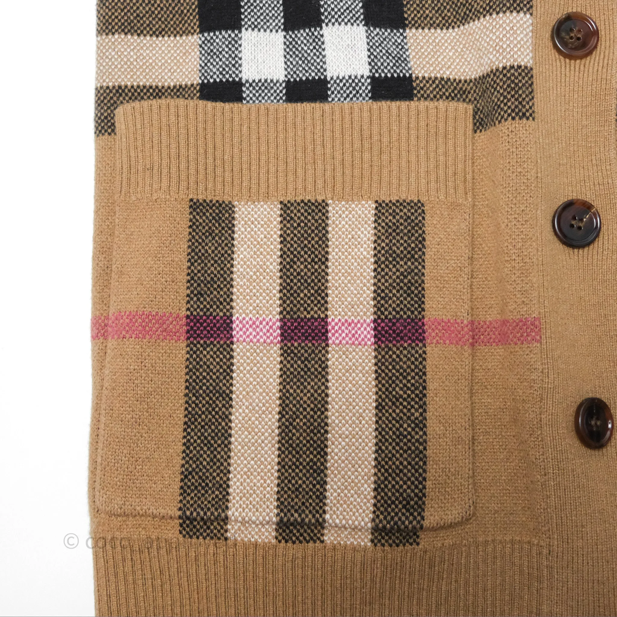 Burberry Check Wool Cashmere Cardigan Birch Brown Size XS