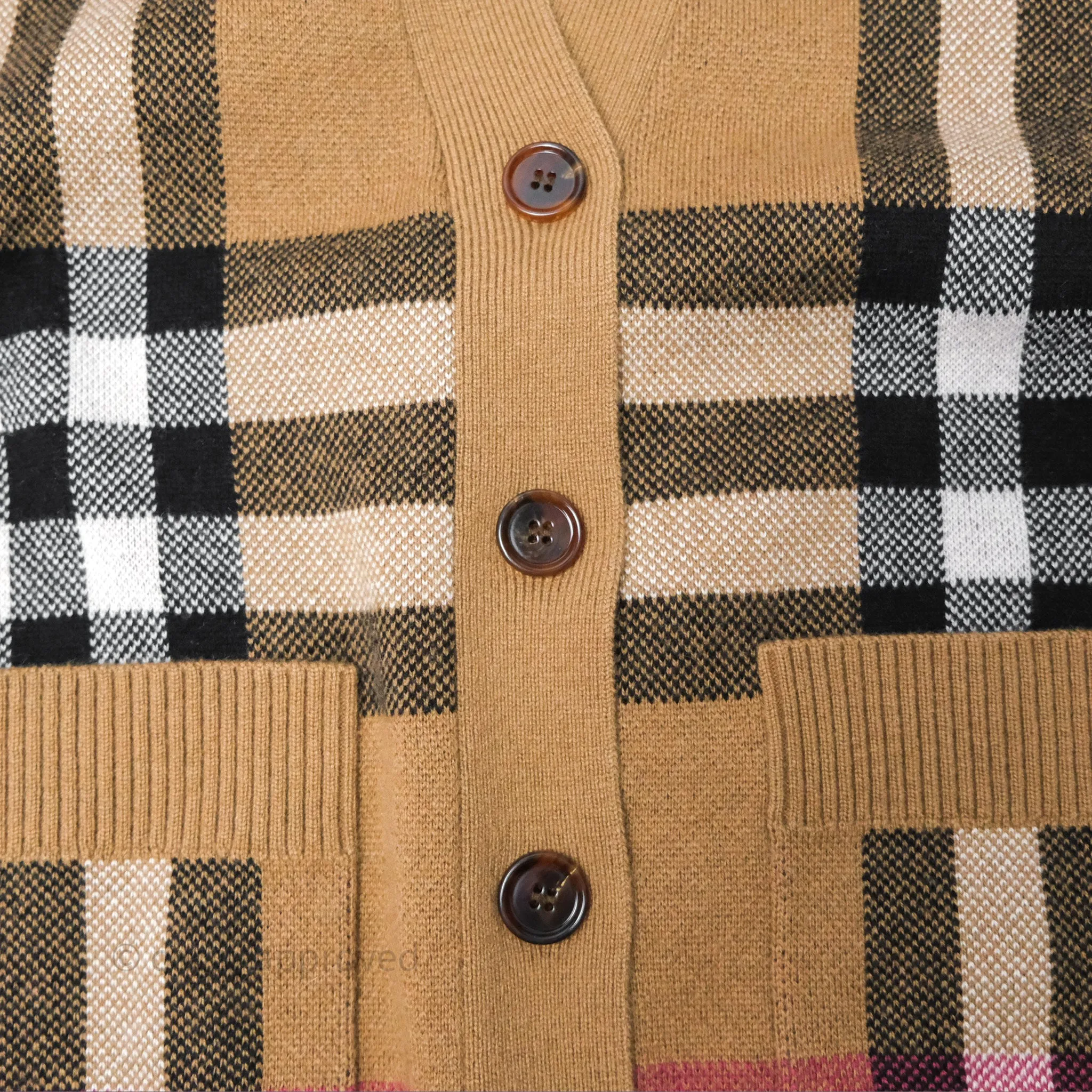 Burberry Check Wool Cashmere Cardigan Birch Brown Size XS