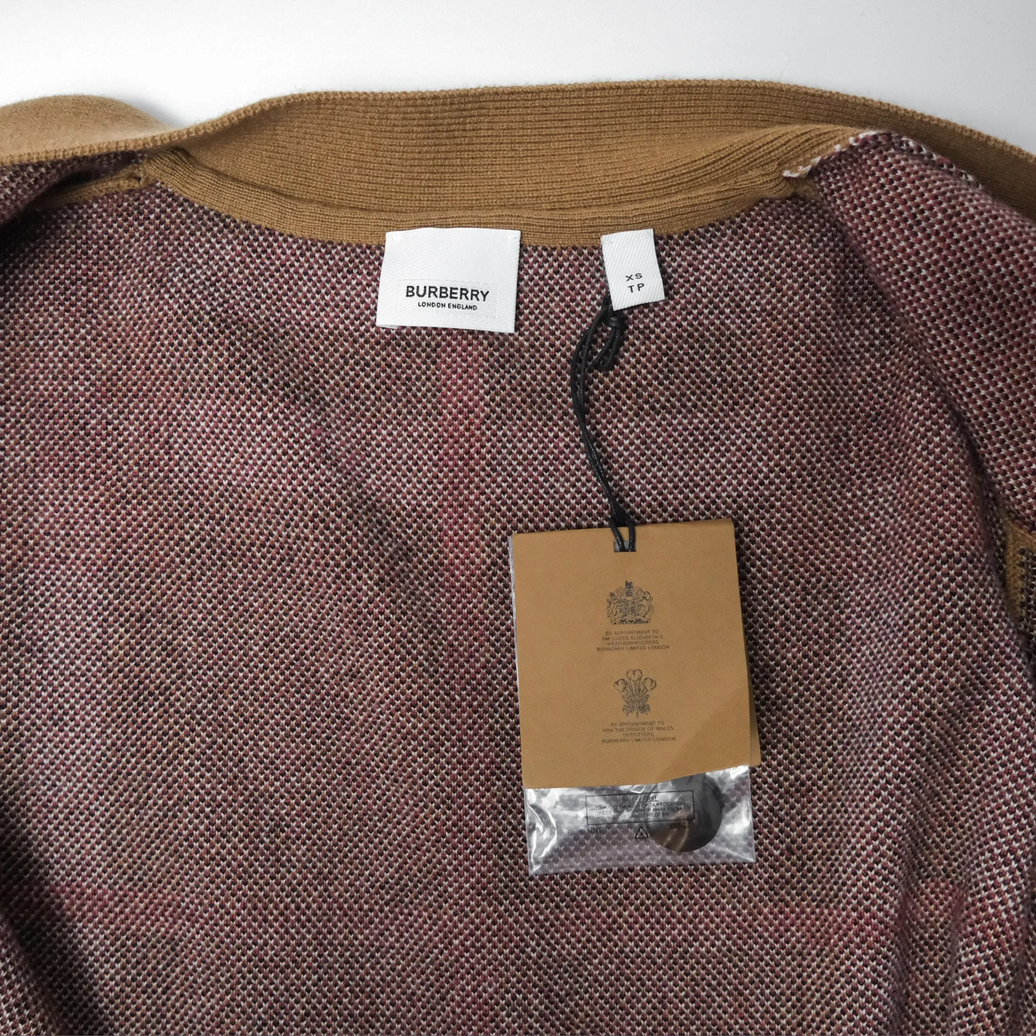 Burberry Check Wool Cashmere Cardigan Birch Brown Size XS