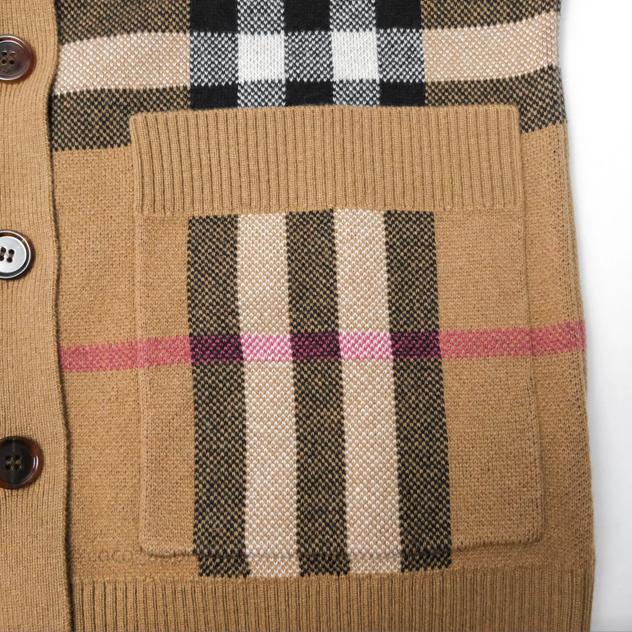 Burberry Check Wool Cashmere Cardigan Birch Brown Size XS