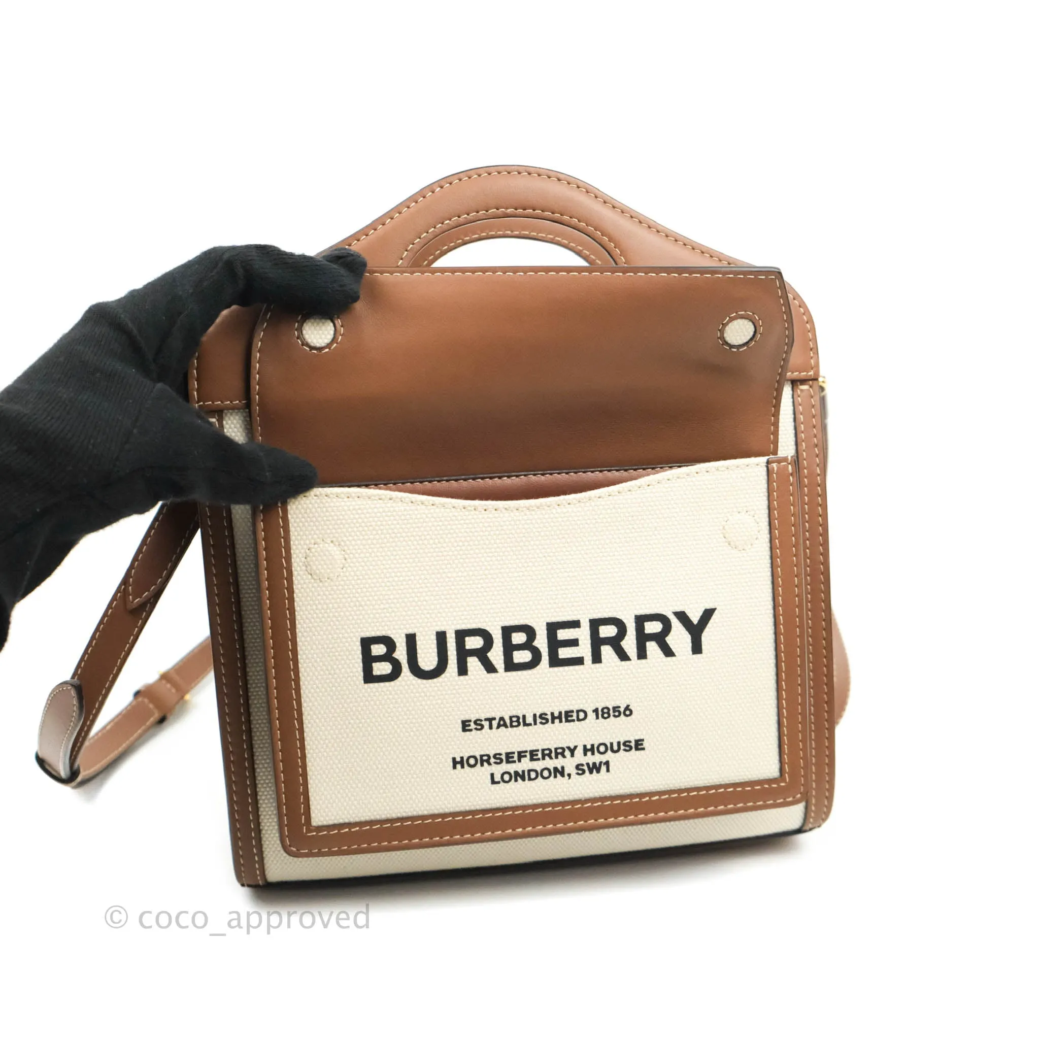 Burberry Smooth Calfskin Canvas Two Tone Mini Pocket Bag Beige Tan