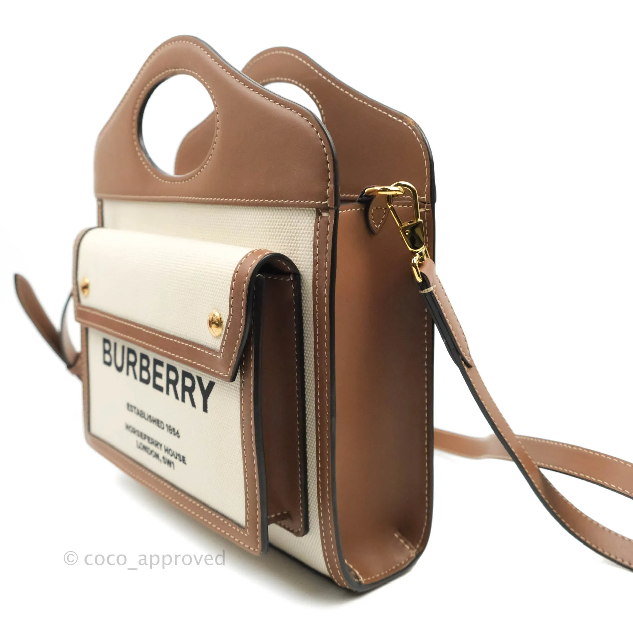 Burberry Smooth Calfskin Canvas Two Tone Mini Pocket Bag Beige Tan