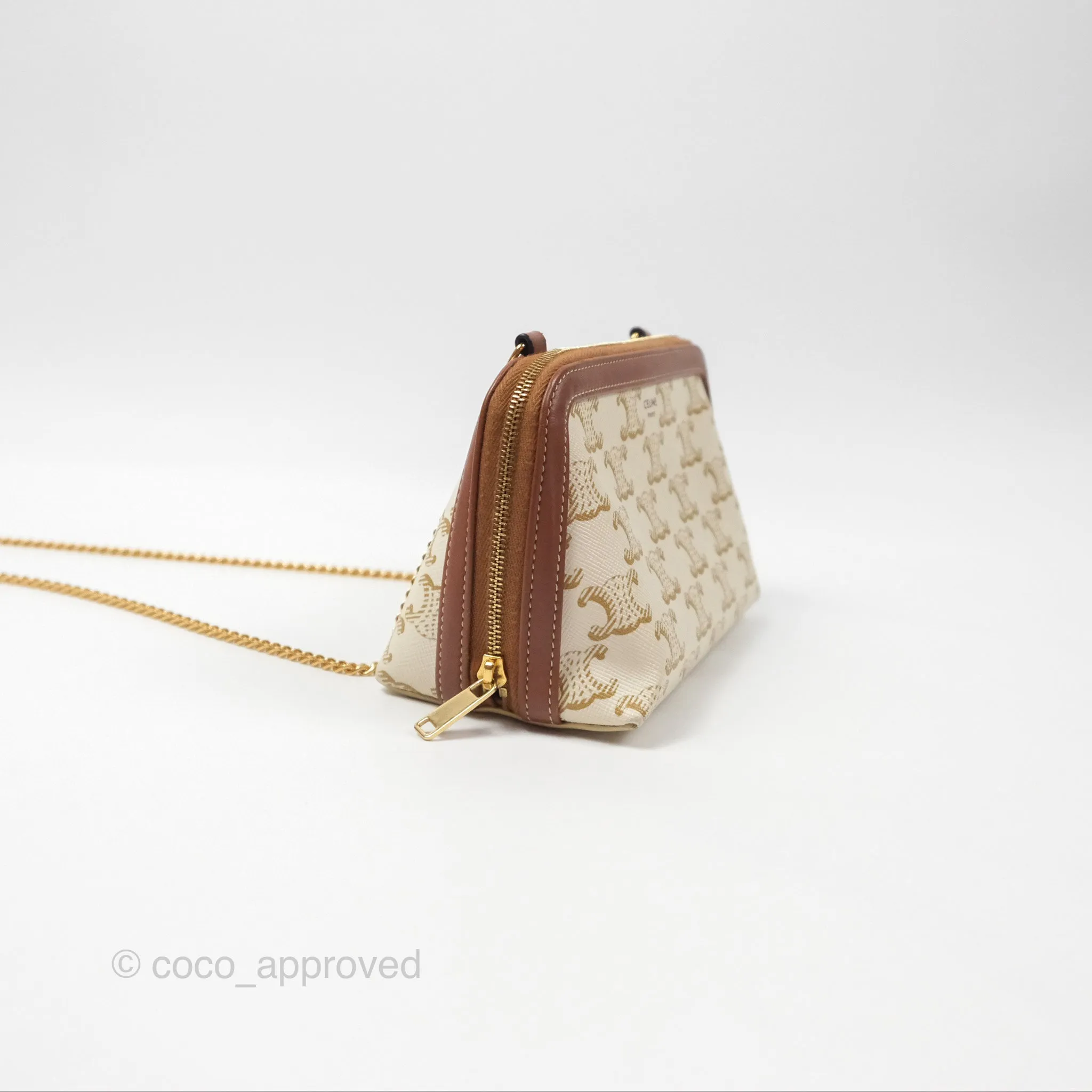 Celine Clutch With Chain Triomphe Canvas Lambskin White/Tan