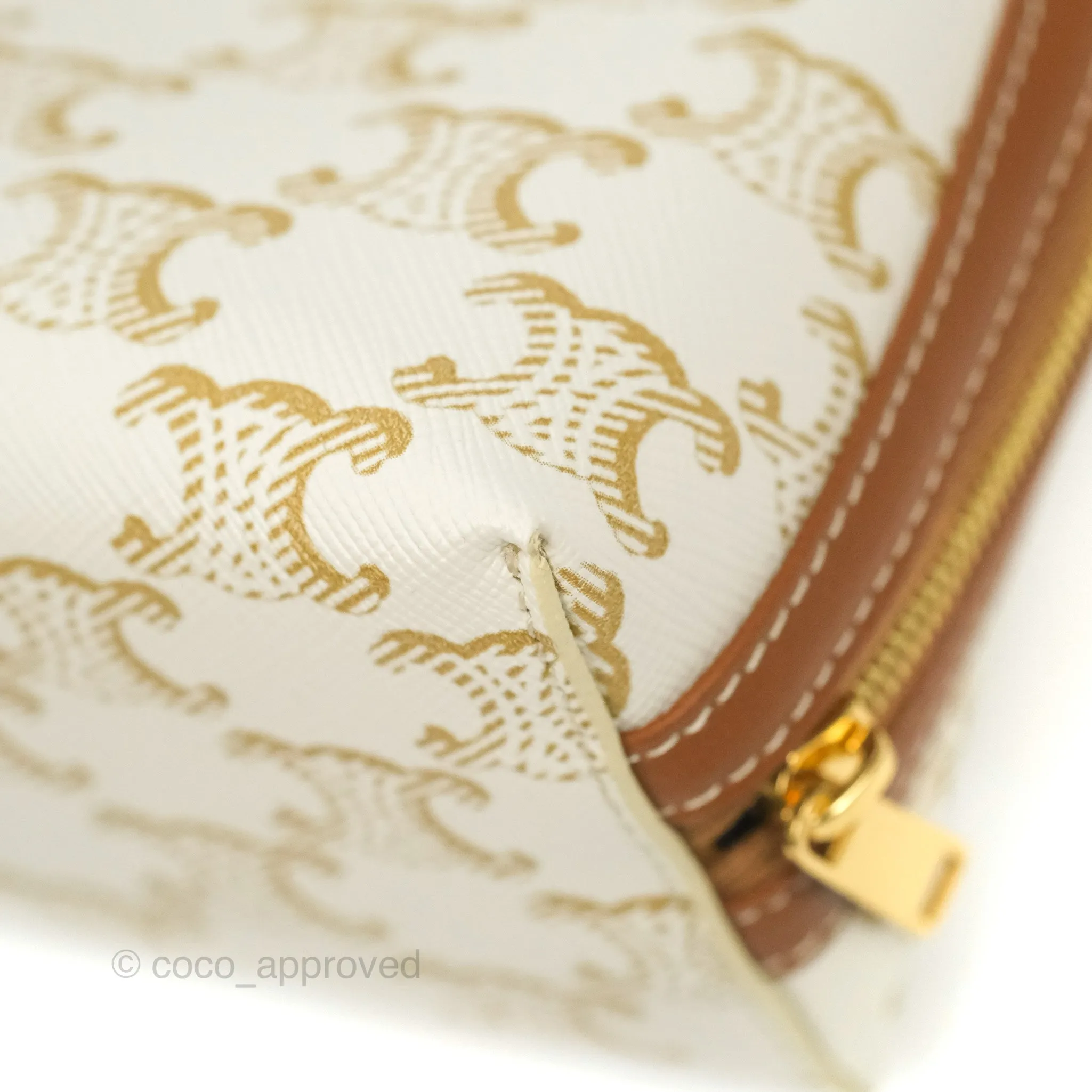 Celine Clutch With Chain Triomphe Canvas Lambskin White/Tan