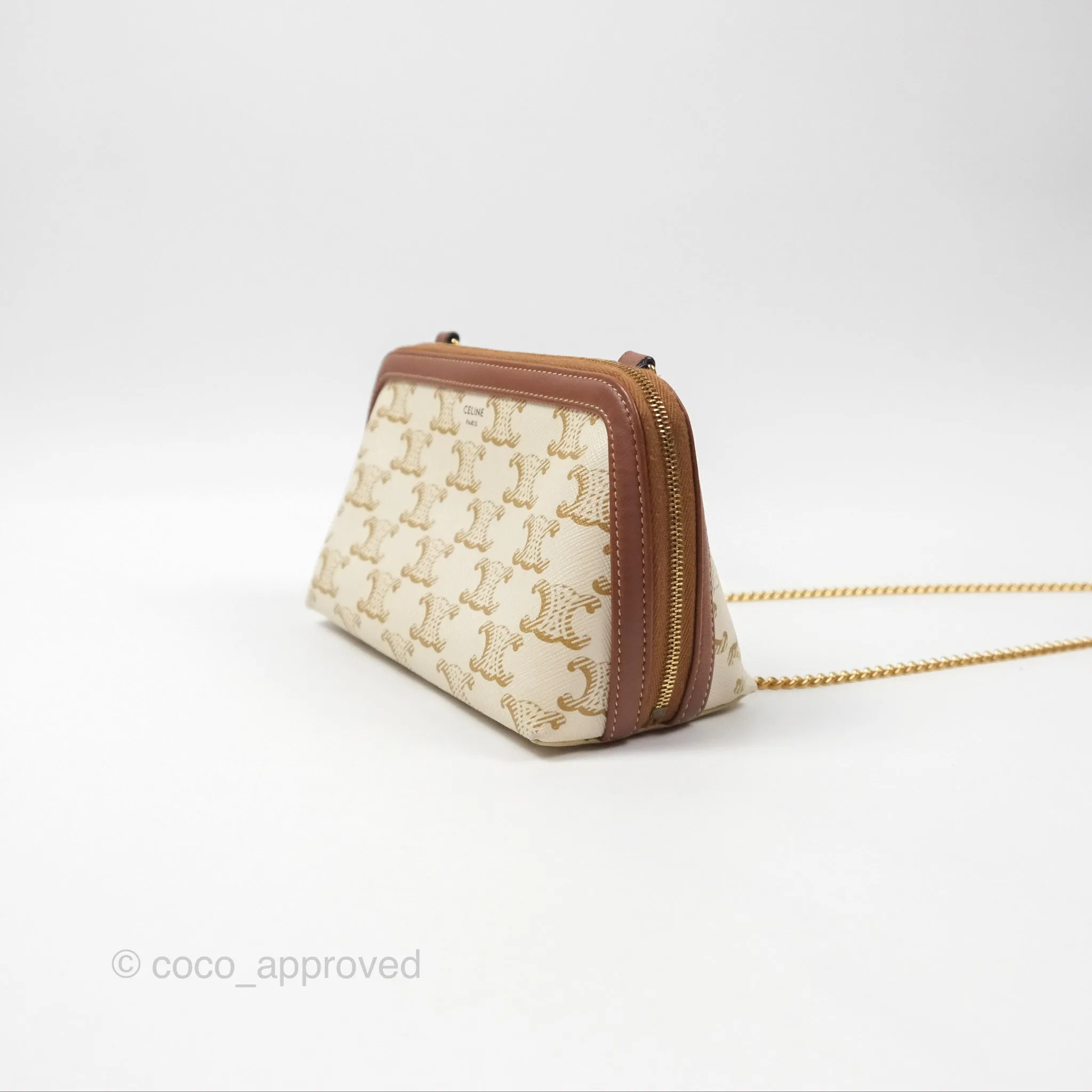 Celine Clutch With Chain Triomphe Canvas Lambskin White/Tan
