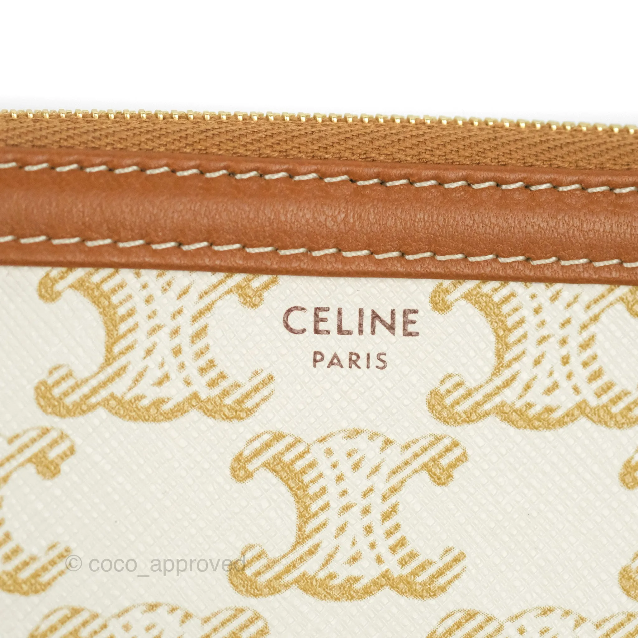 Celine Clutch With Chain Triomphe Canvas Lambskin White/Tan