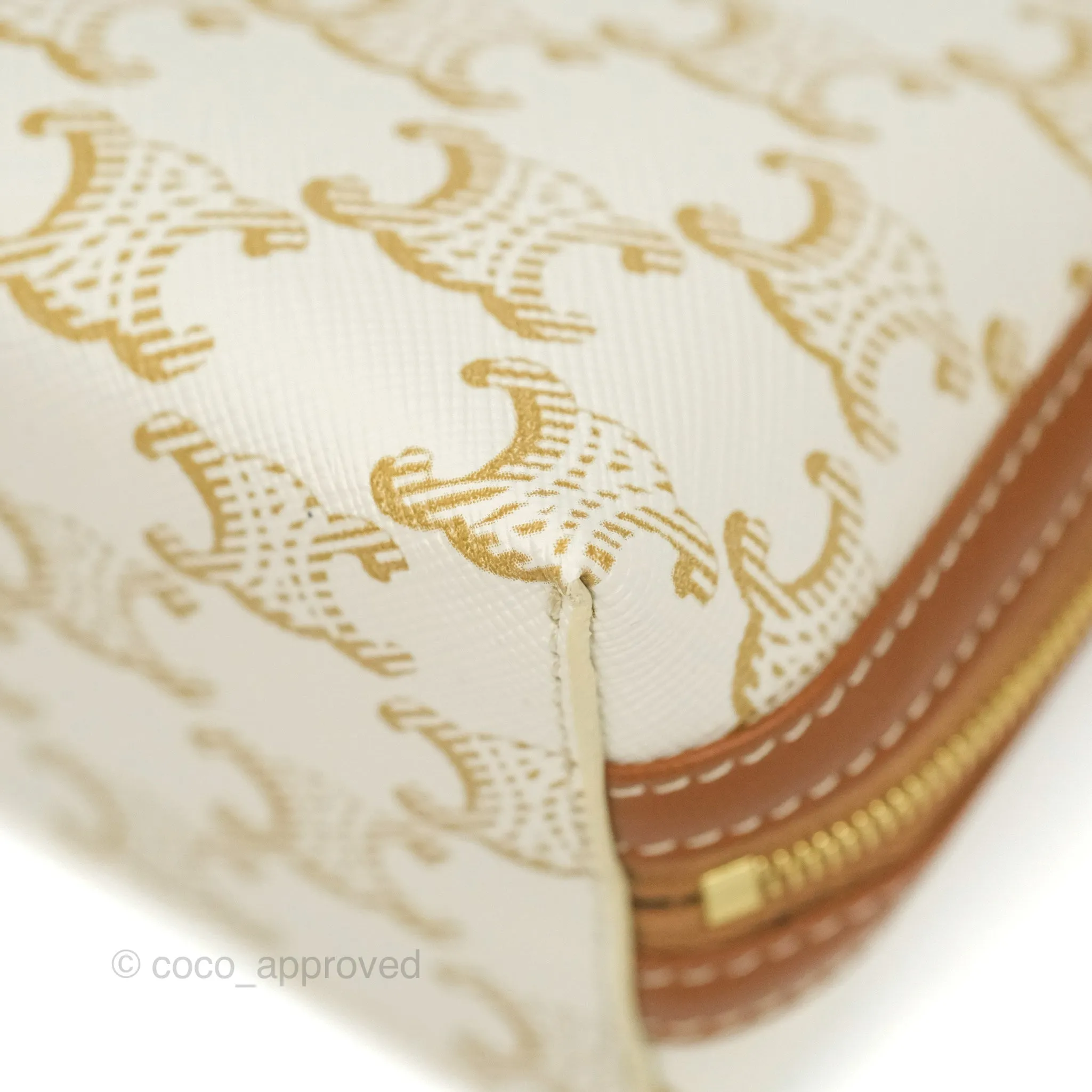 Celine Clutch With Chain Triomphe Canvas Lambskin White/Tan