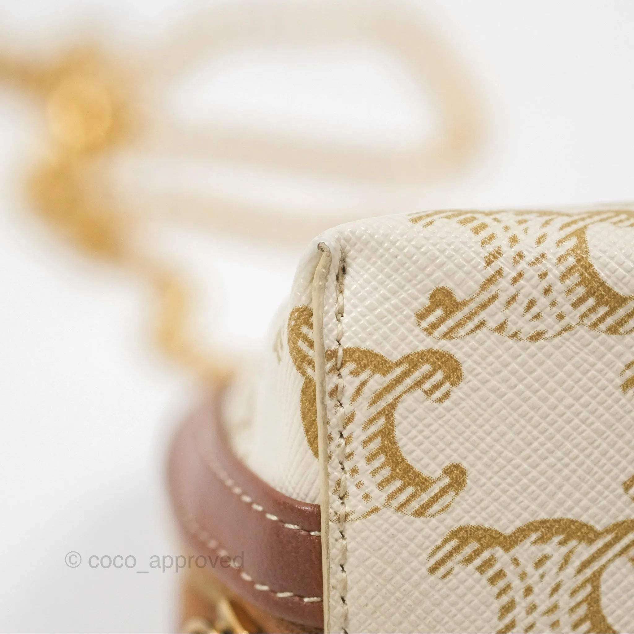 Celine Clutch With Chain Triomphe Canvas Lambskin White/Tan