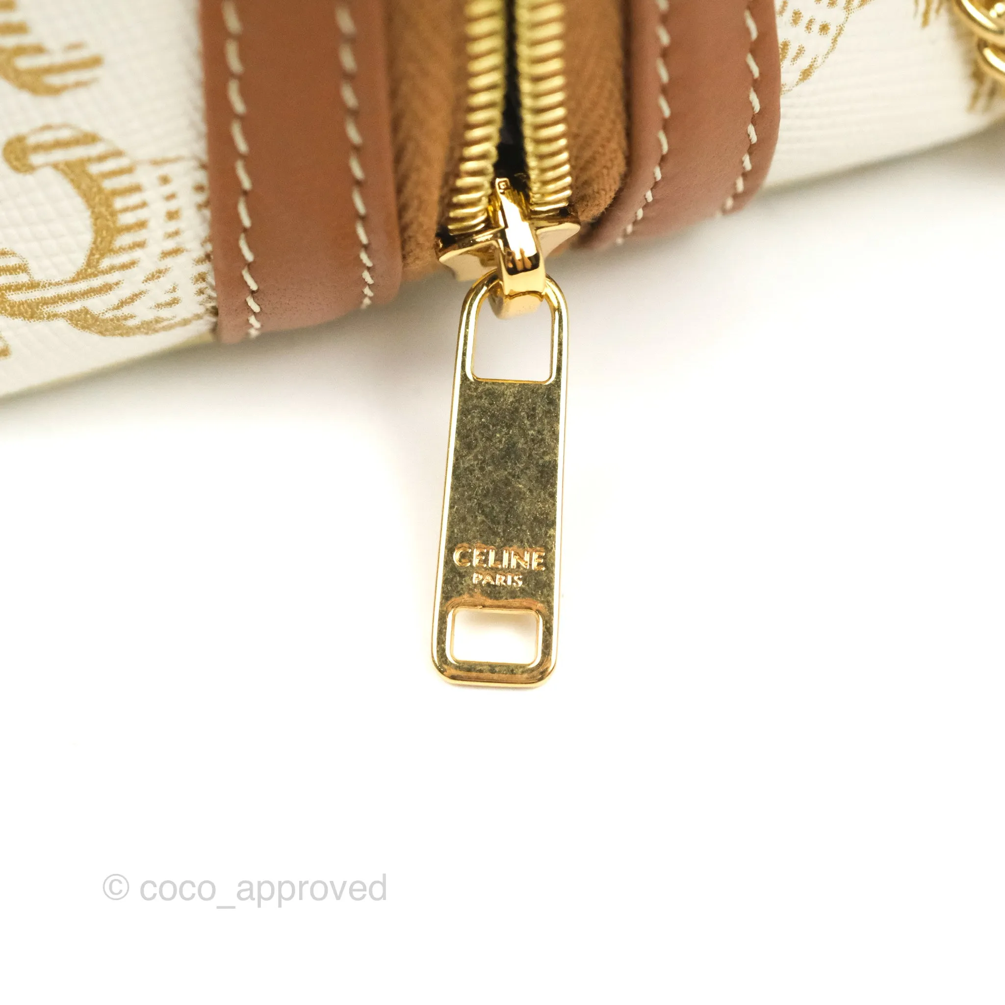 Celine Clutch With Chain Triomphe Canvas Lambskin White/Tan