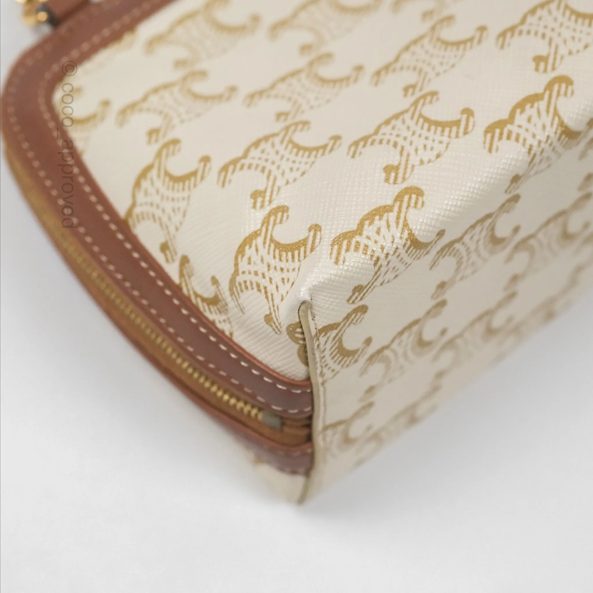 Celine Clutch With Chain Triomphe Canvas Lambskin White/Tan