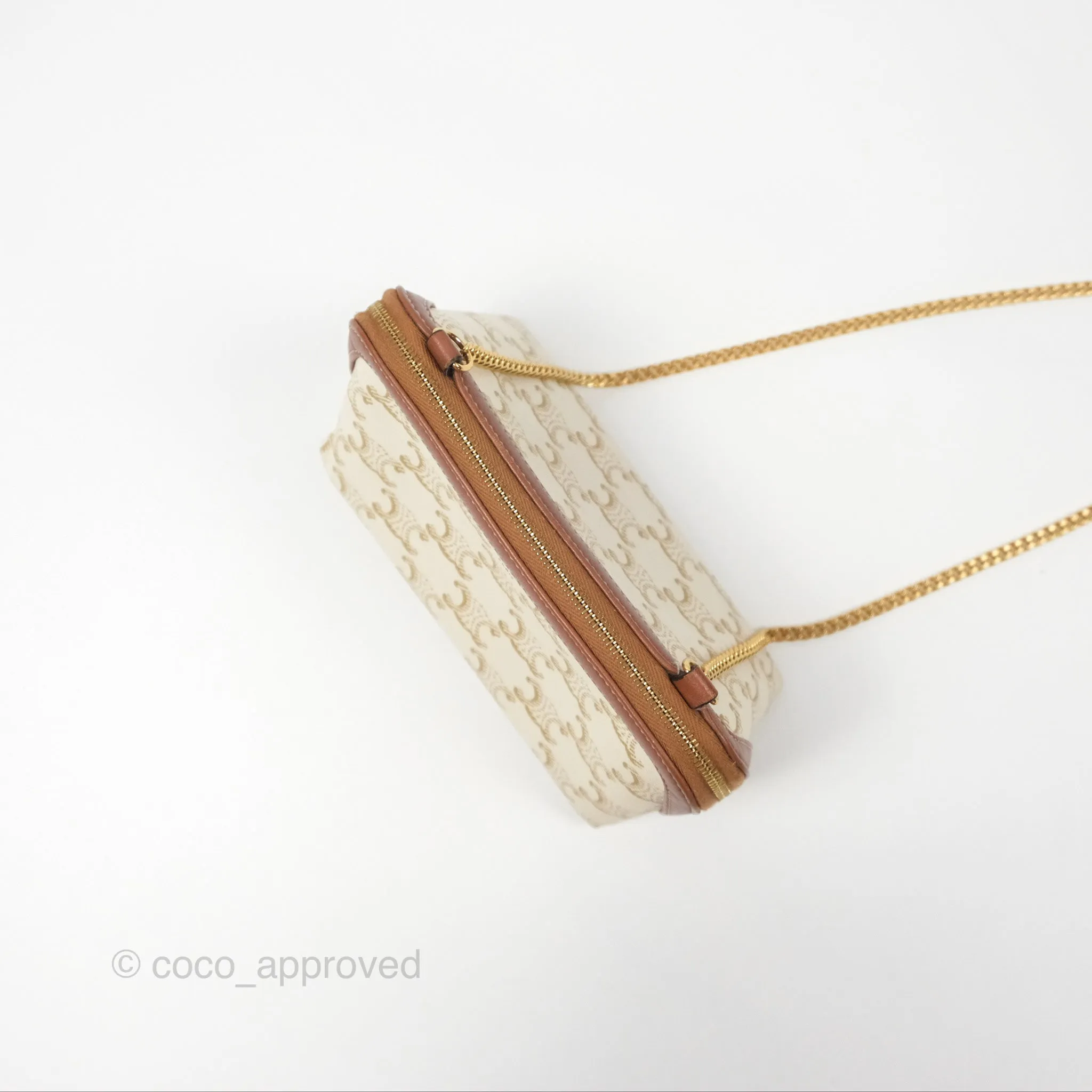 Celine Clutch With Chain Triomphe Canvas Lambskin White/Tan