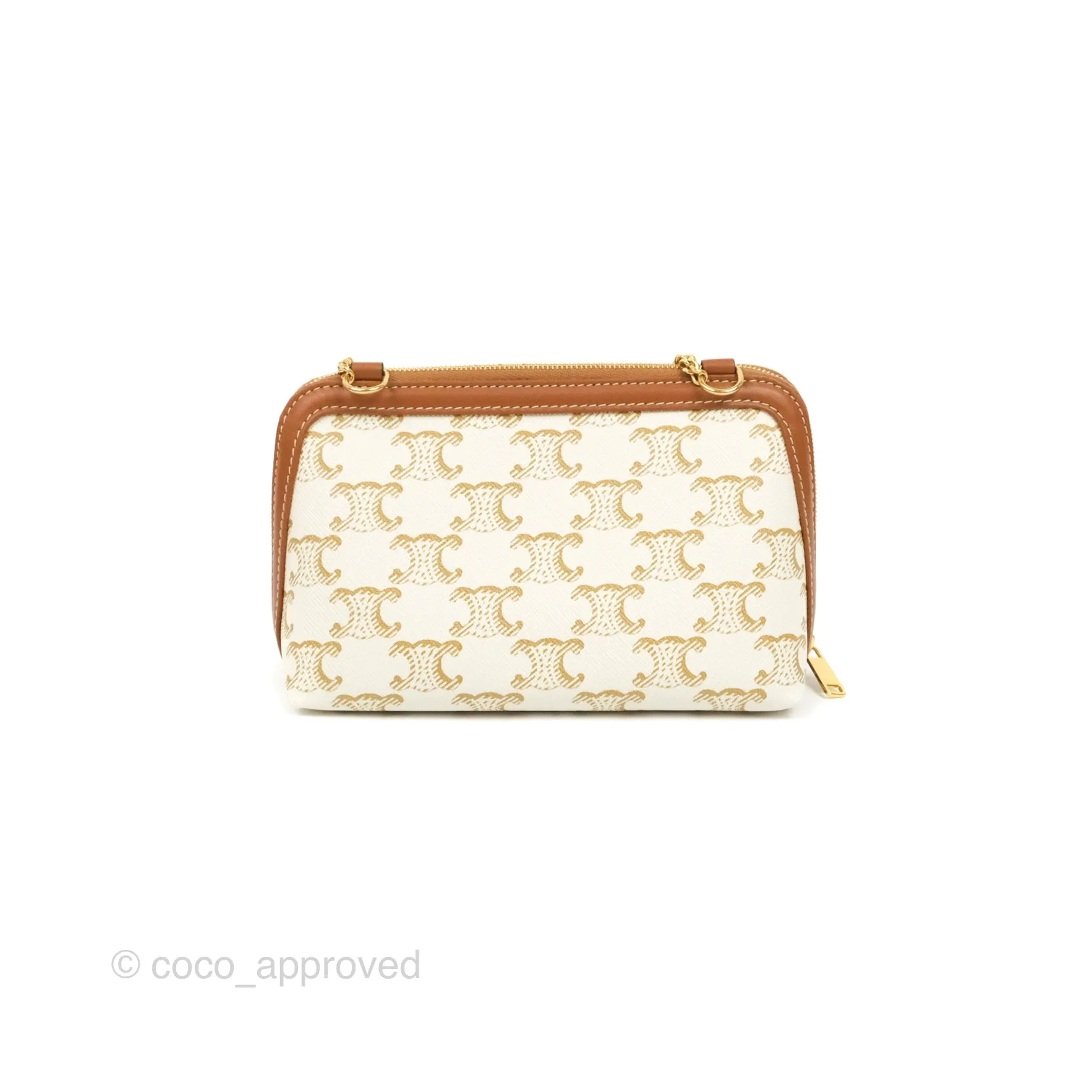 Celine Clutch With Chain Triomphe Canvas Lambskin White/Tan