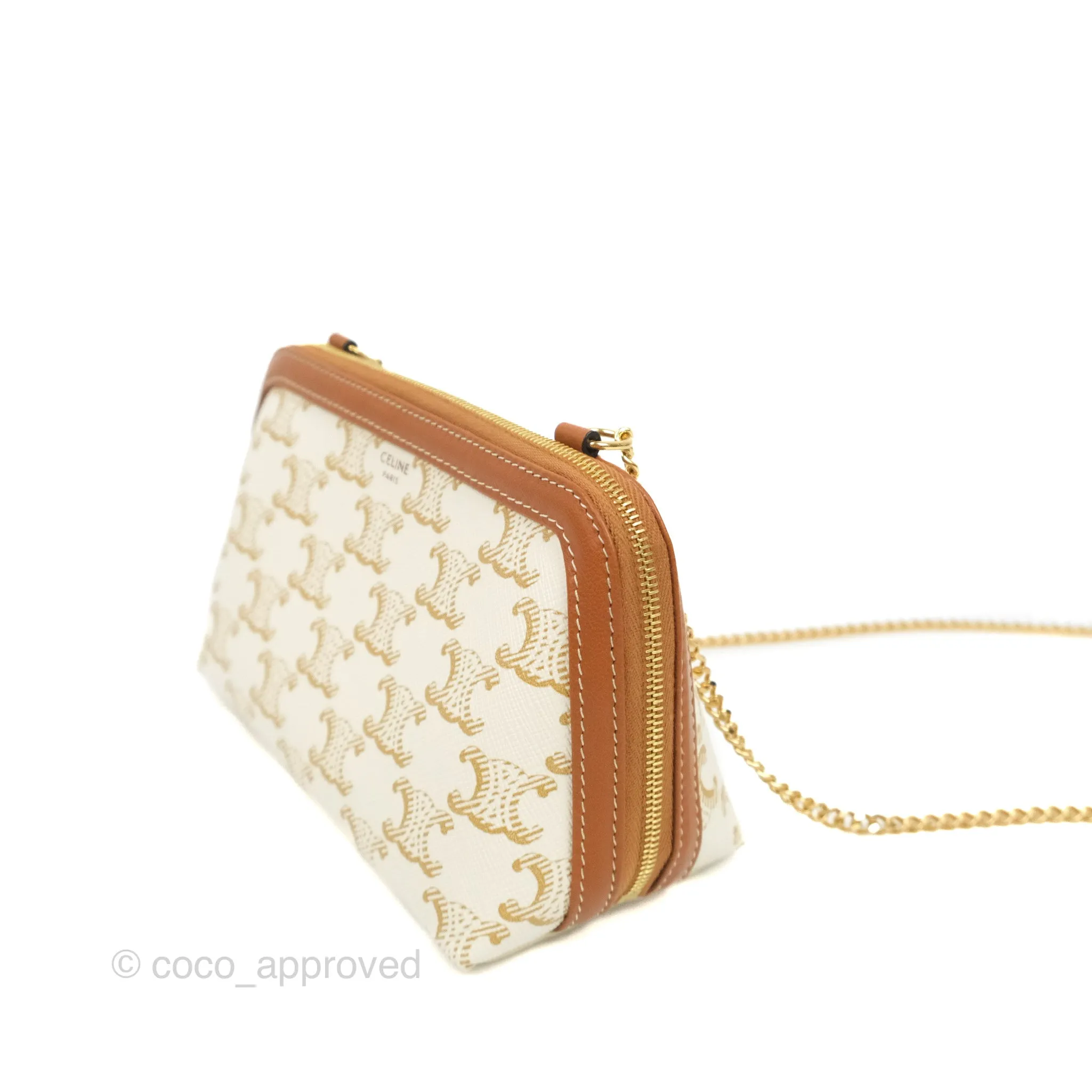Celine Clutch With Chain Triomphe Canvas Lambskin White/Tan