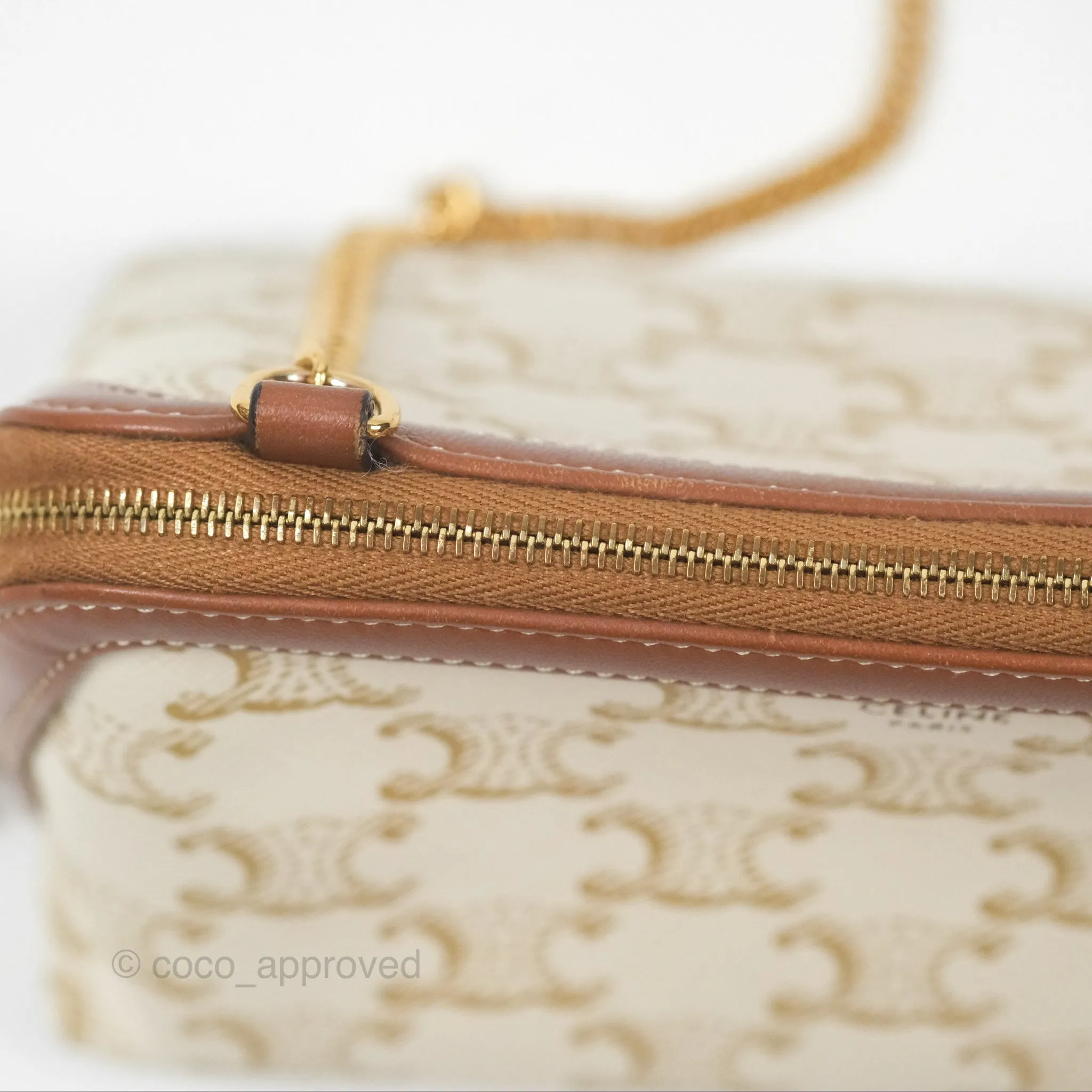 Celine Clutch With Chain Triomphe Canvas Lambskin White/Tan