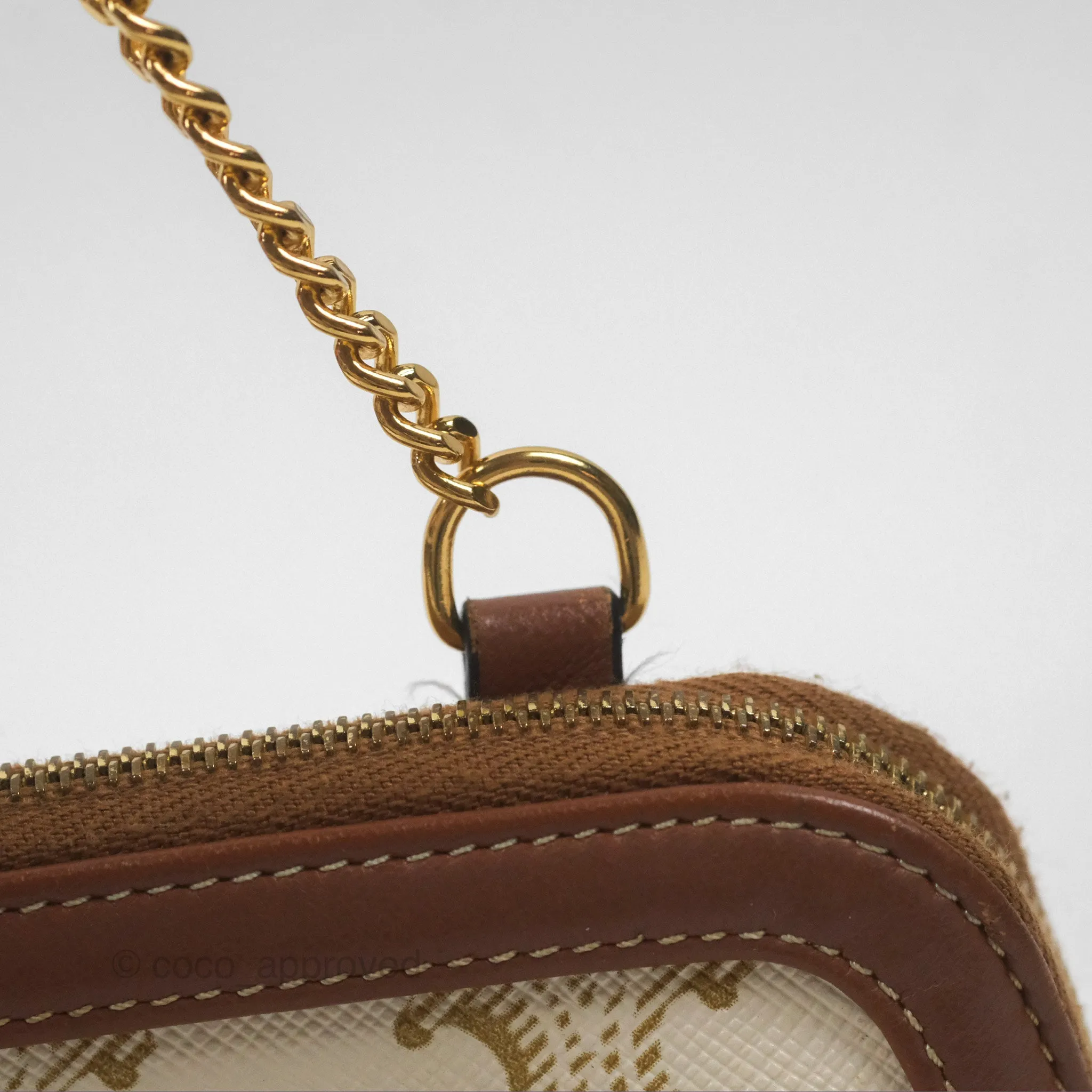 Celine Clutch With Chain Triomphe Canvas Lambskin White/Tan