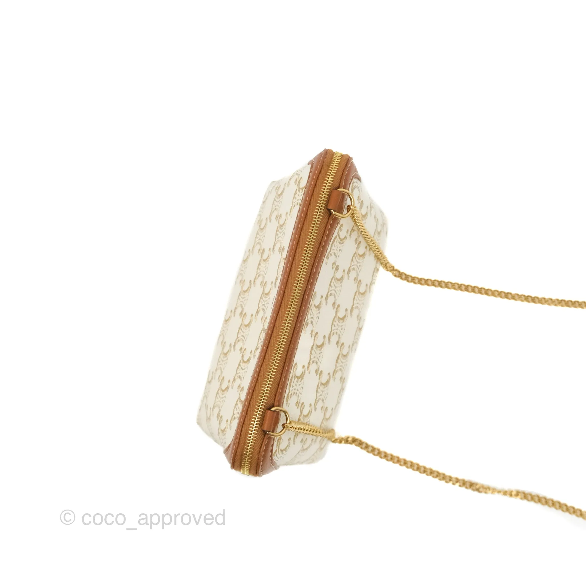 Celine Clutch With Chain Triomphe Canvas Lambskin White/Tan