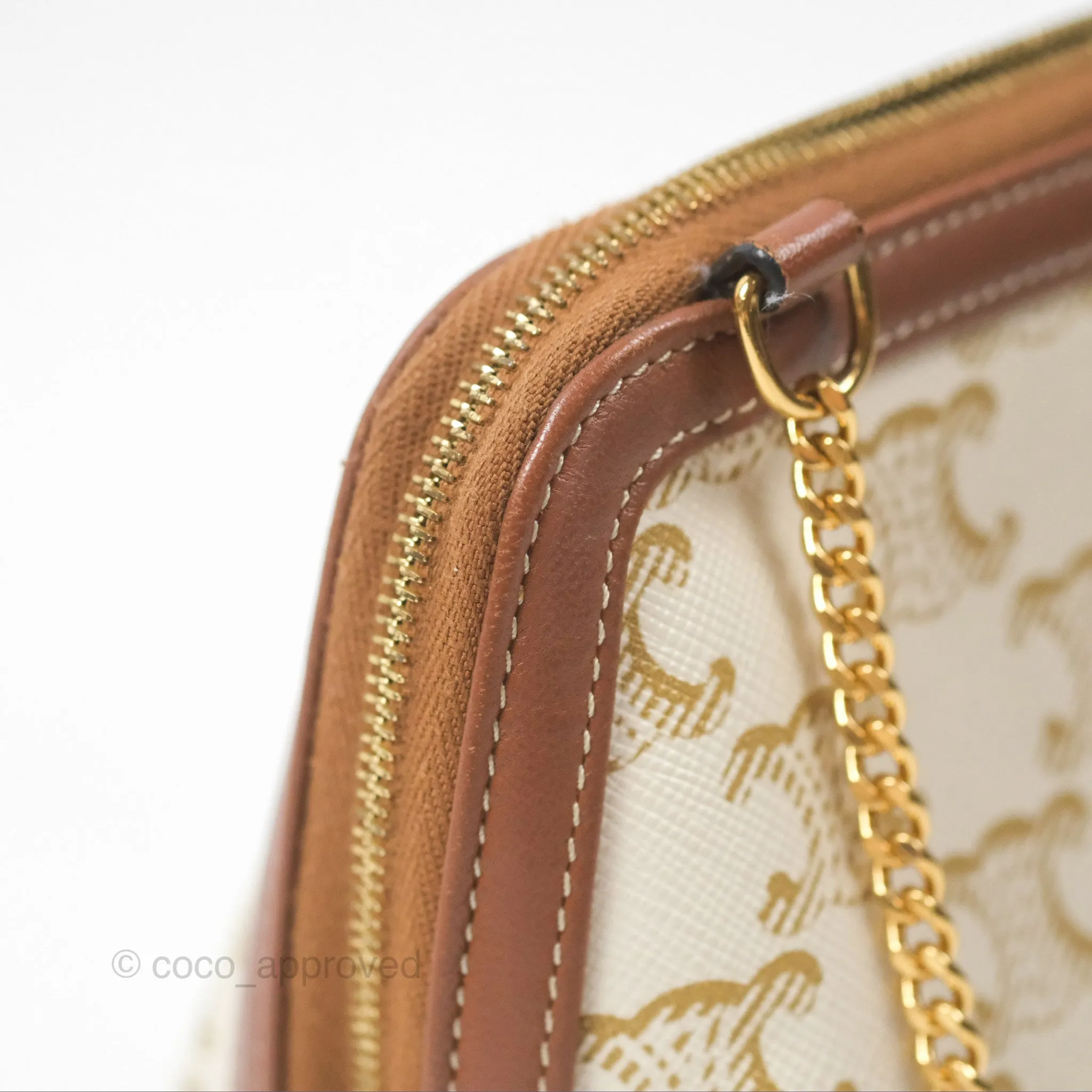 Celine Clutch With Chain Triomphe Canvas Lambskin White/Tan