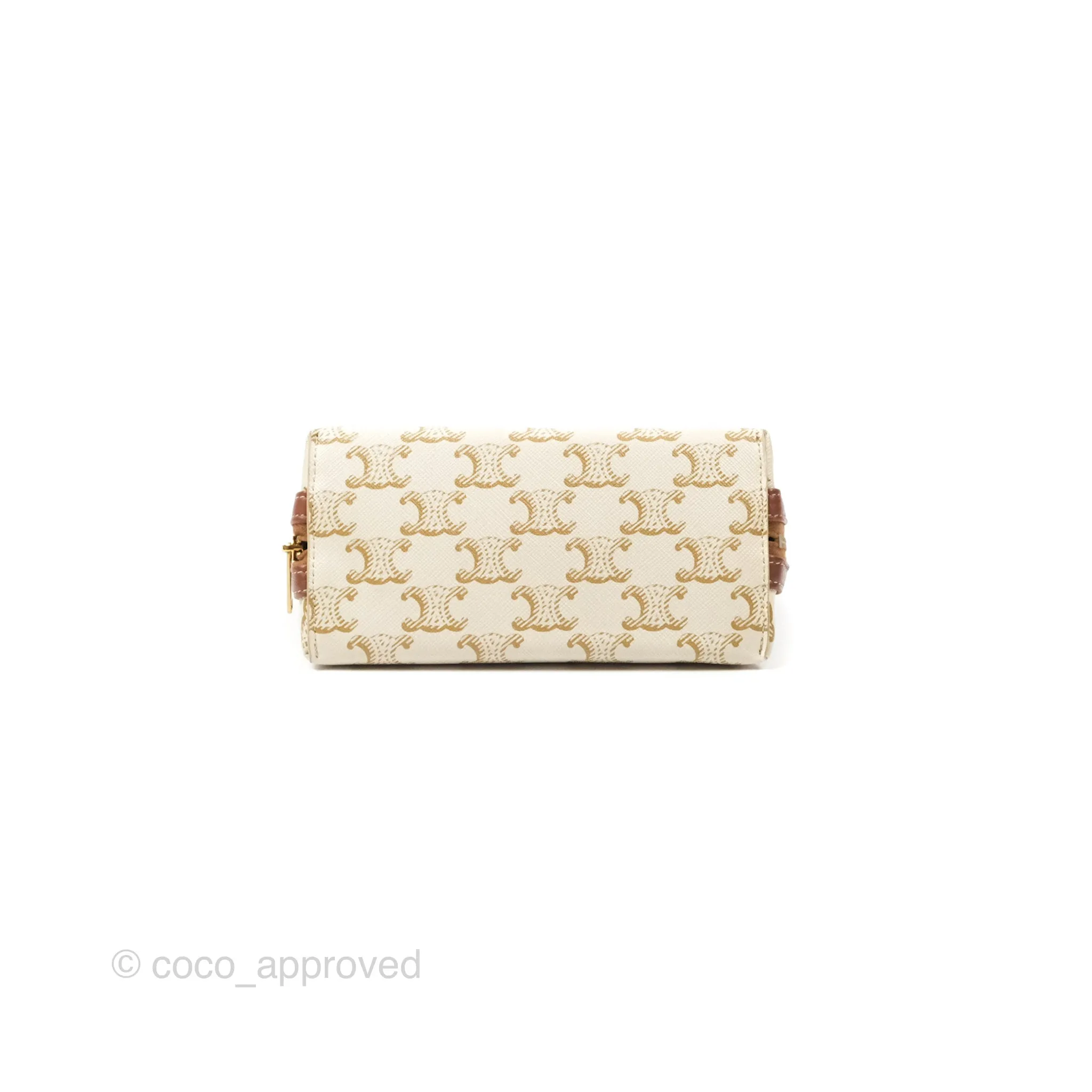 Celine Clutch With Chain Triomphe Canvas Lambskin White/Tan
