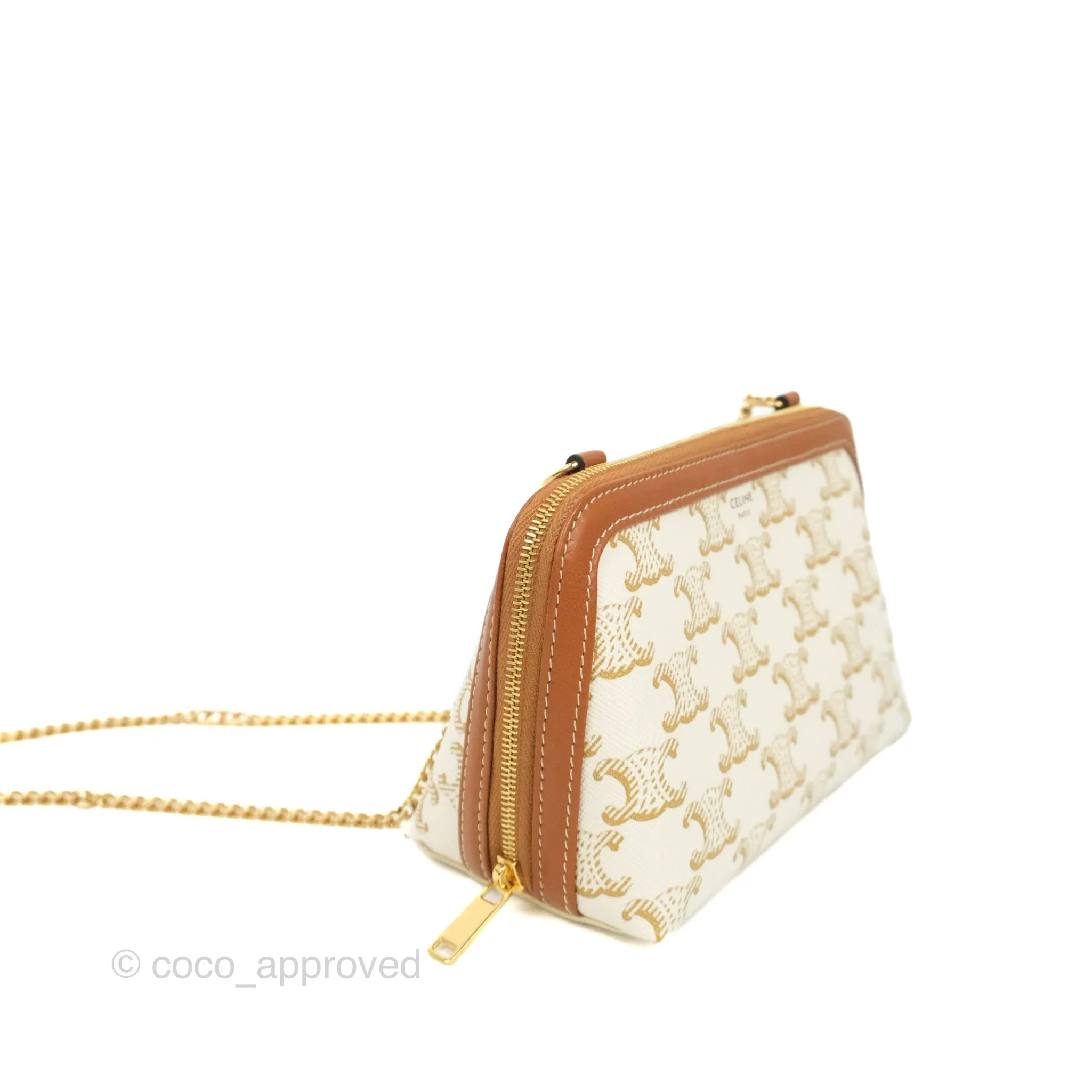 Celine Clutch With Chain Triomphe Canvas Lambskin White/Tan