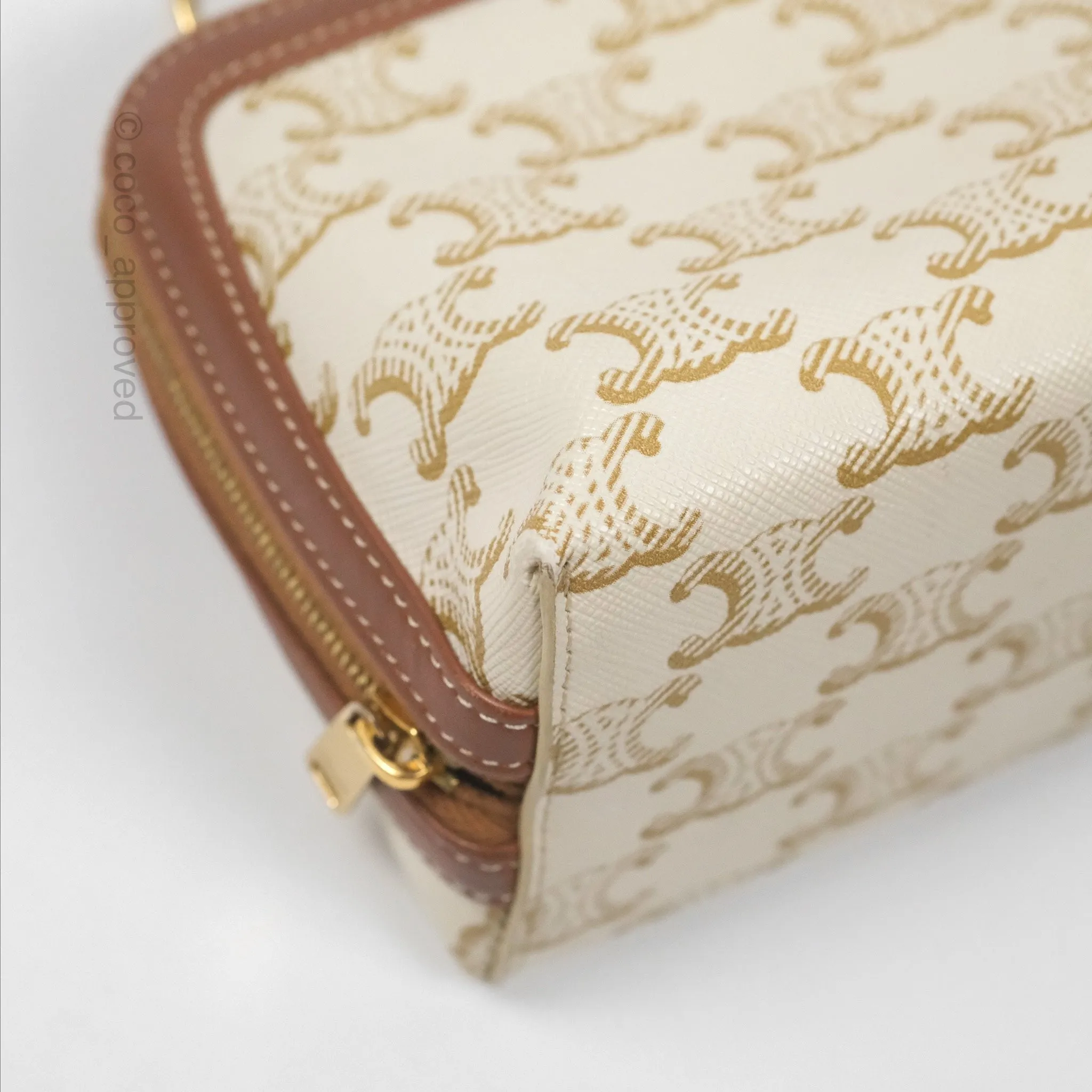 Celine Clutch With Chain Triomphe Canvas Lambskin White/Tan