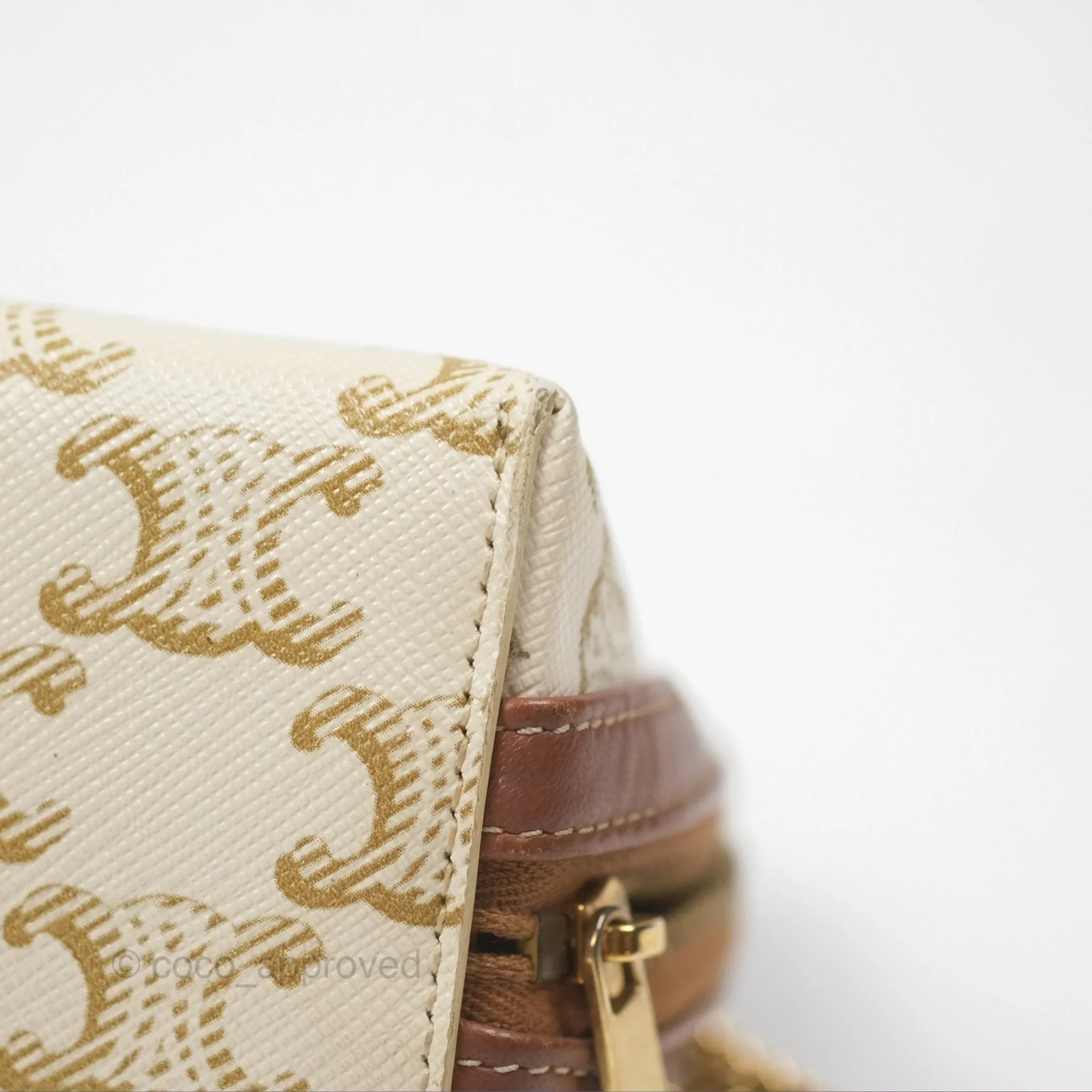Celine Clutch With Chain Triomphe Canvas Lambskin White/Tan