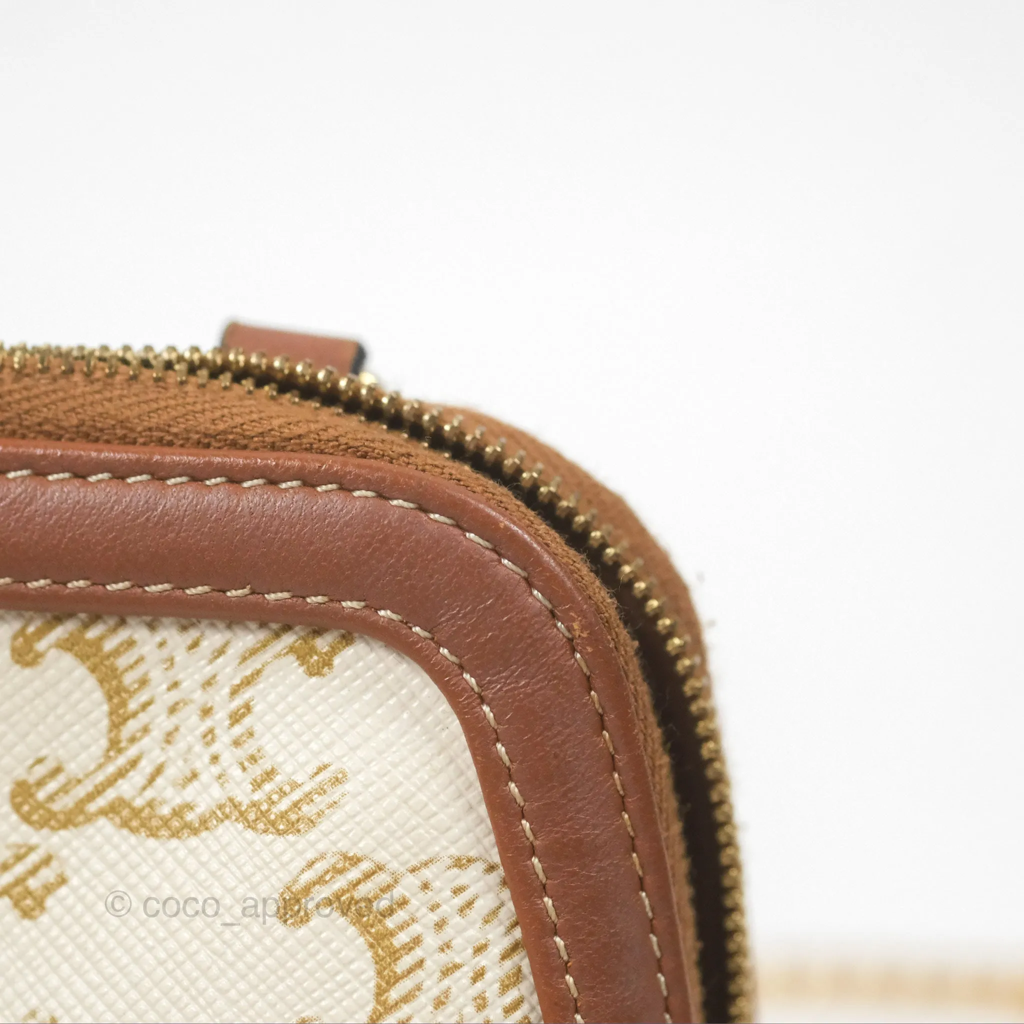 Celine Clutch With Chain Triomphe Canvas Lambskin White/Tan