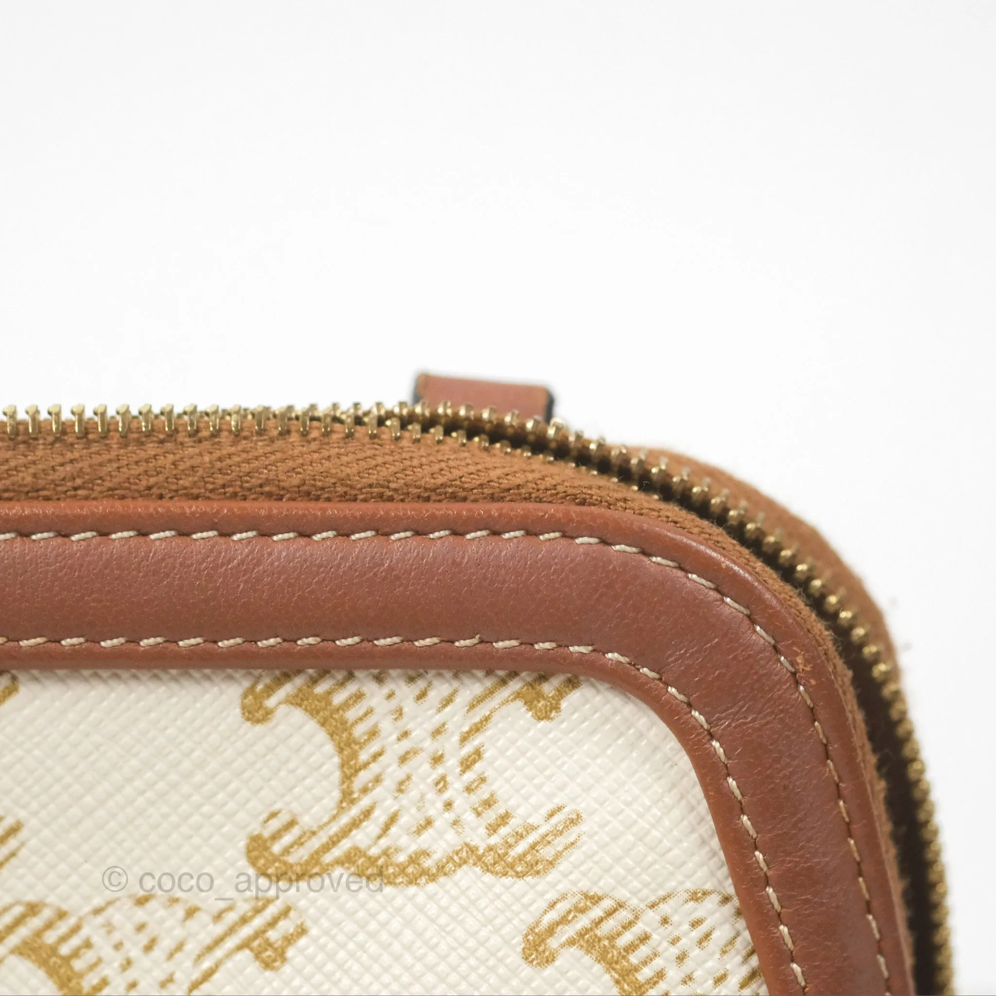 Celine Clutch With Chain Triomphe Canvas Lambskin White/Tan