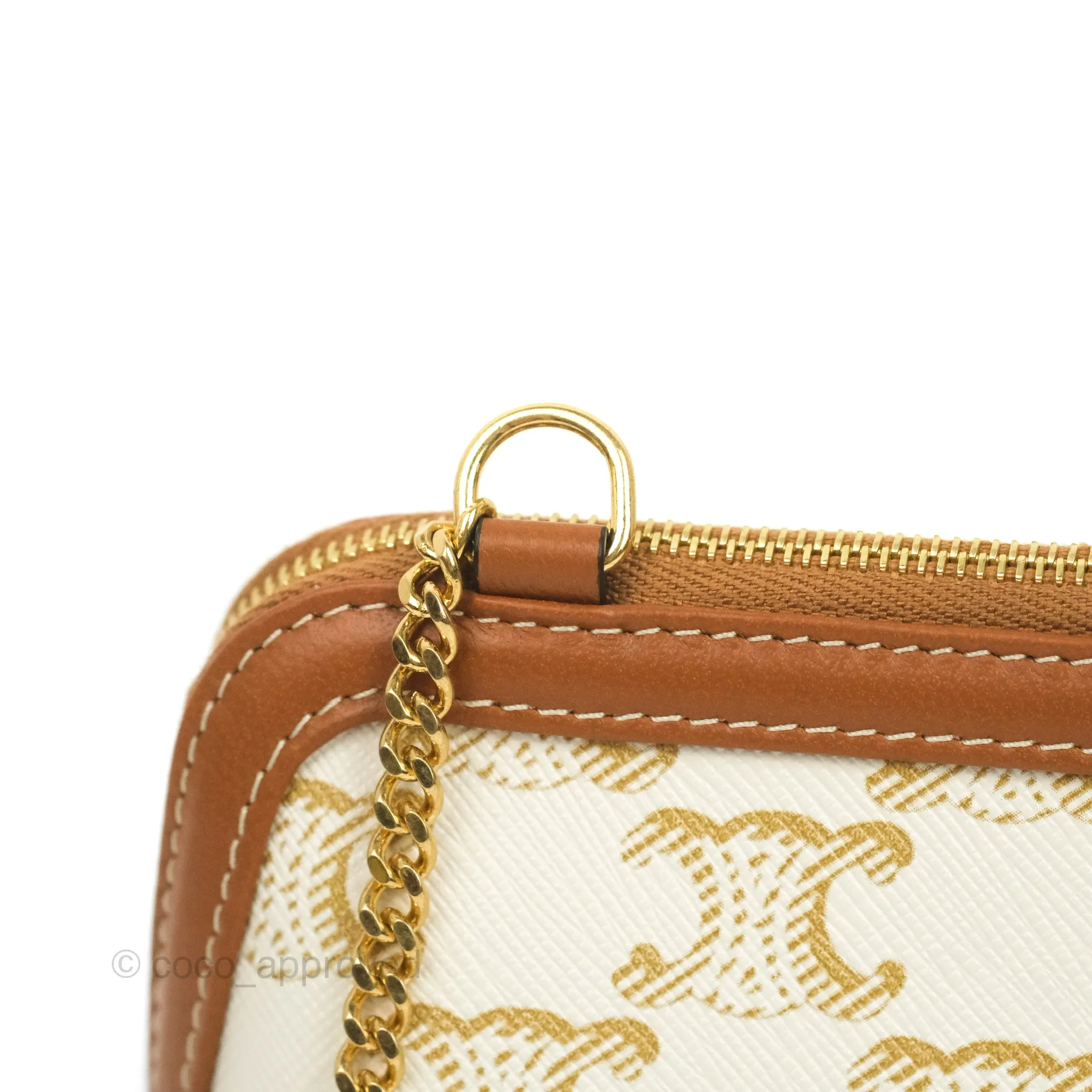Celine Clutch With Chain Triomphe Canvas Lambskin White/Tan