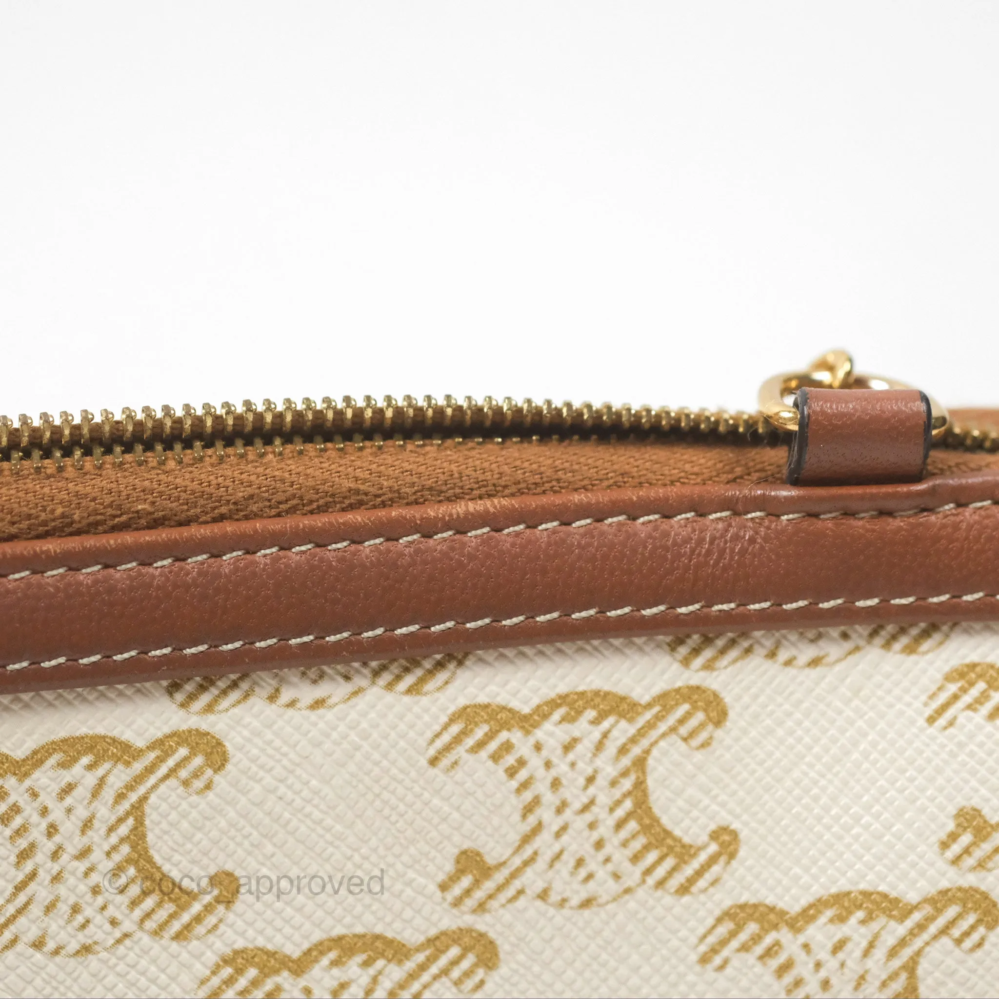 Celine Clutch With Chain Triomphe Canvas Lambskin White/Tan