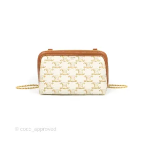Celine Clutch With Chain Triomphe Canvas Lambskin White/Tan
