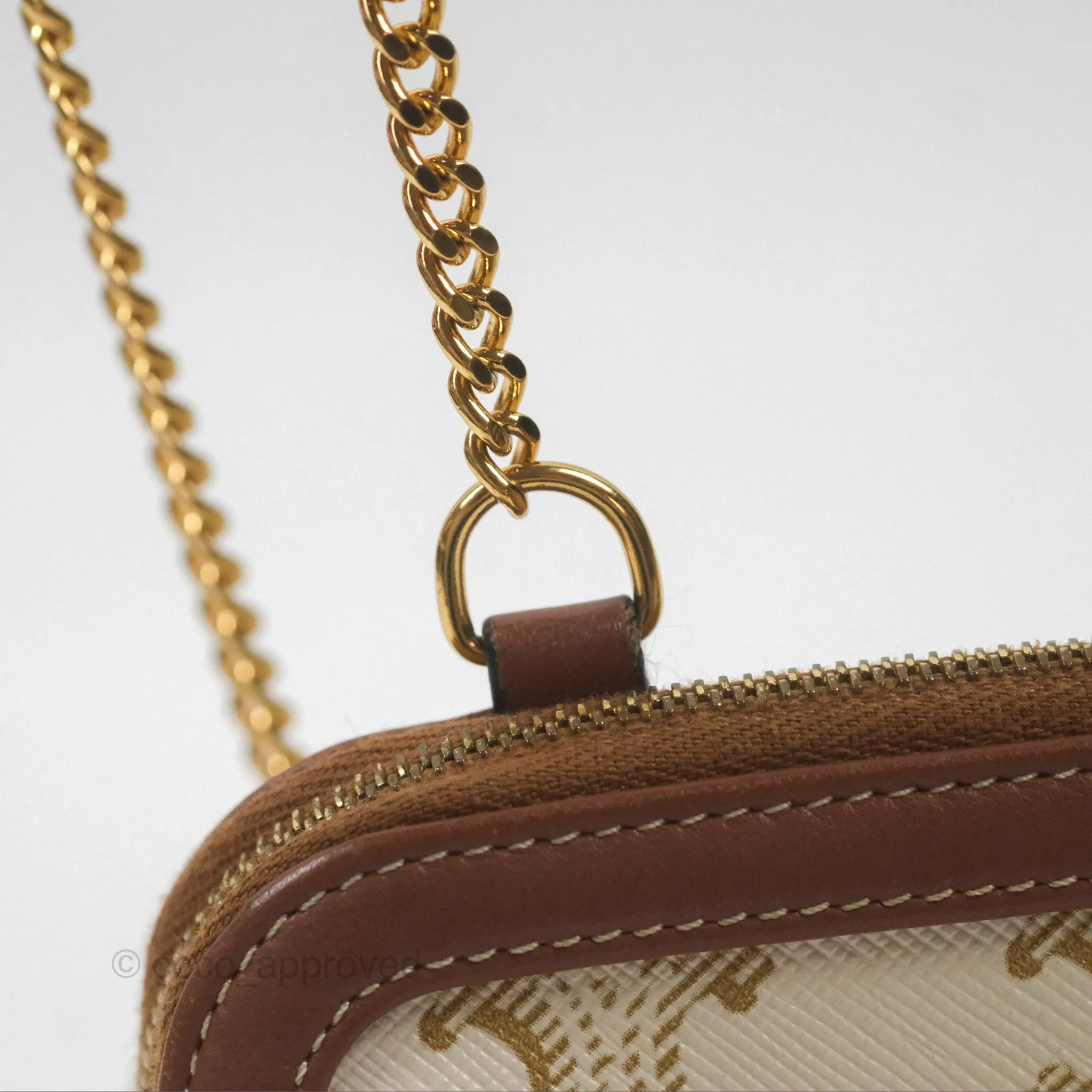Celine Clutch With Chain Triomphe Canvas Lambskin White/Tan