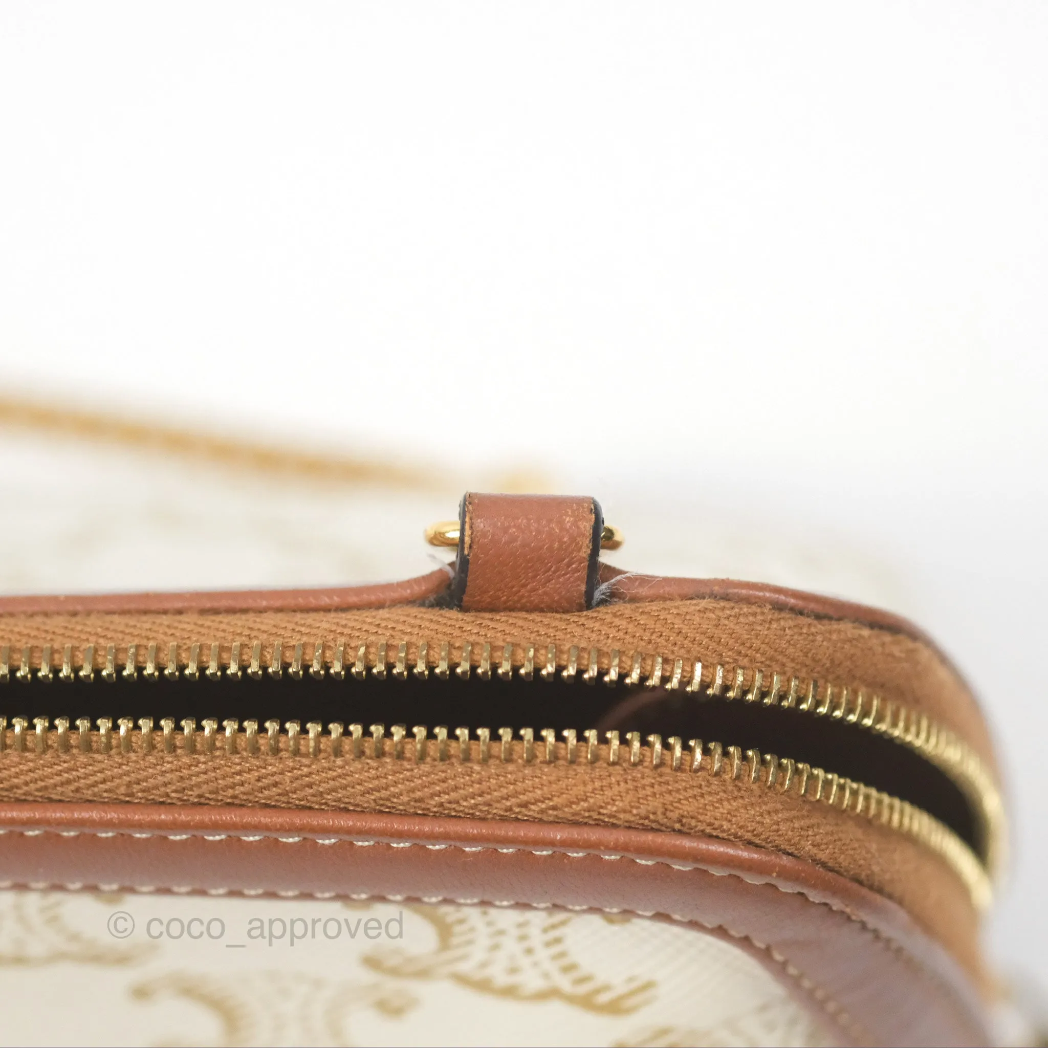 Celine Clutch With Chain Triomphe Canvas Lambskin White/Tan